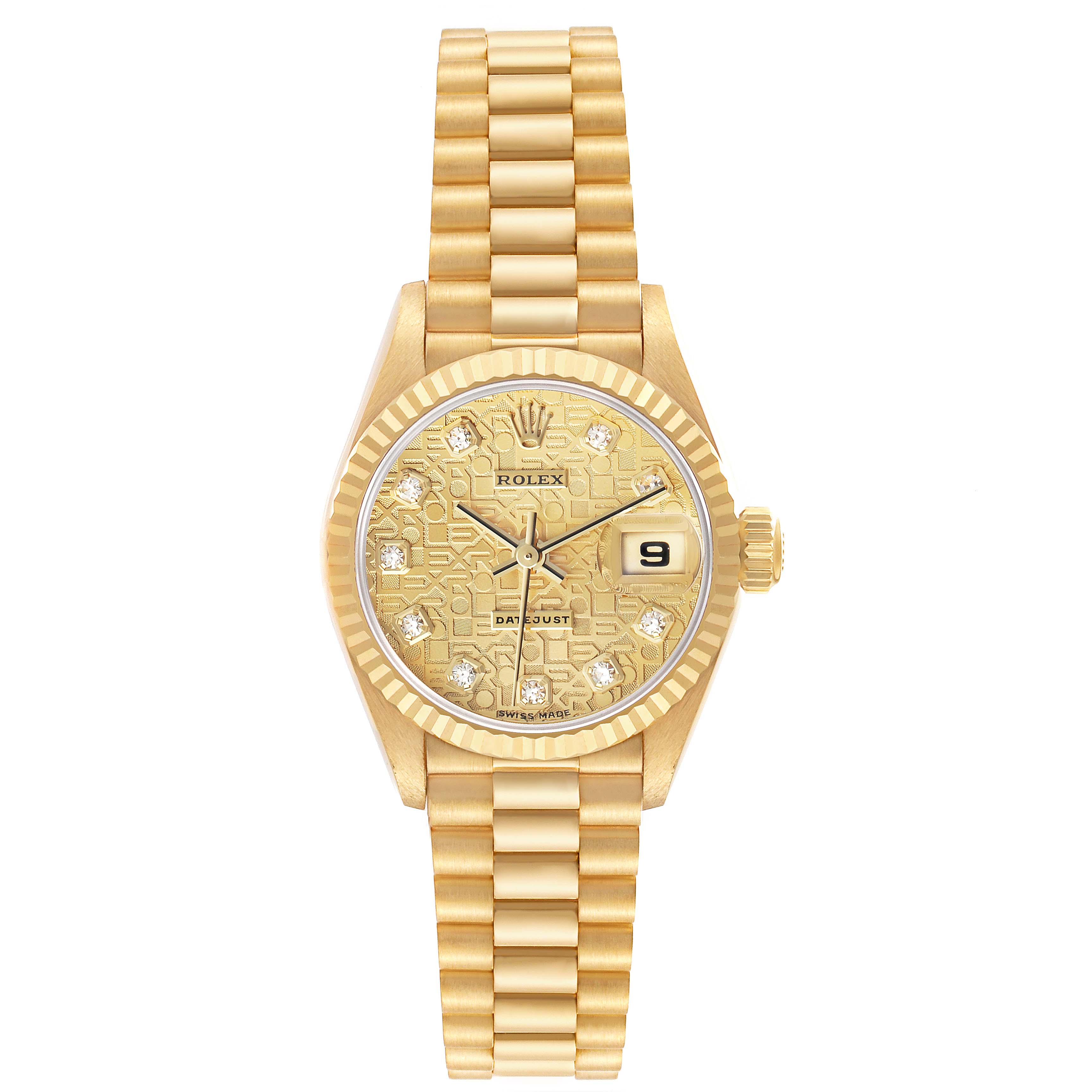 The Rolex President 179178 Women's Yellow Gold Champagne Dial model watch is shown from a top view, displaying its bracelet, bezel, dial, and crown.