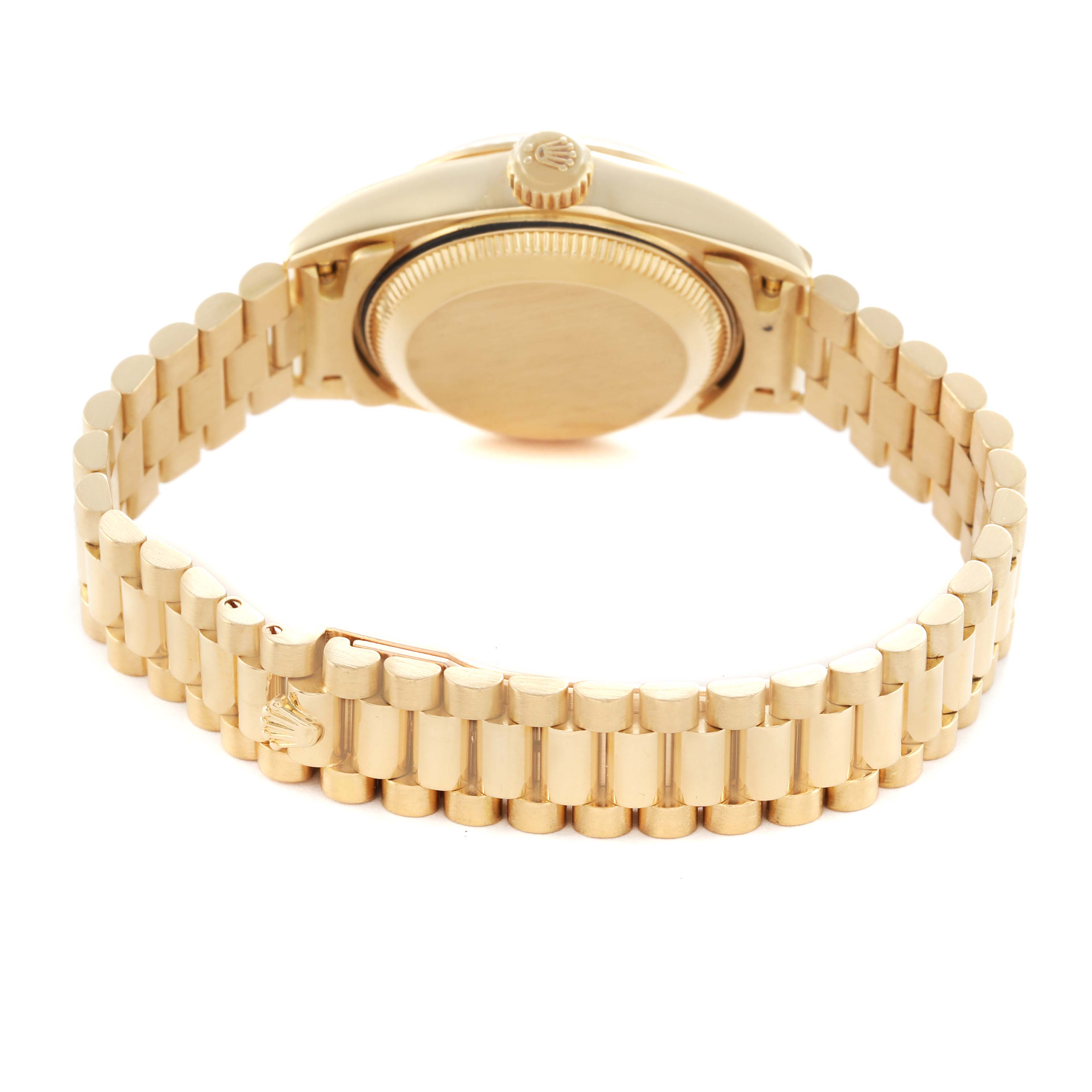 The image shows the back and side of the Rolex President 179178 Women's Yellow Gold Champagne Dial watch, highlighting the bracelet and case back.