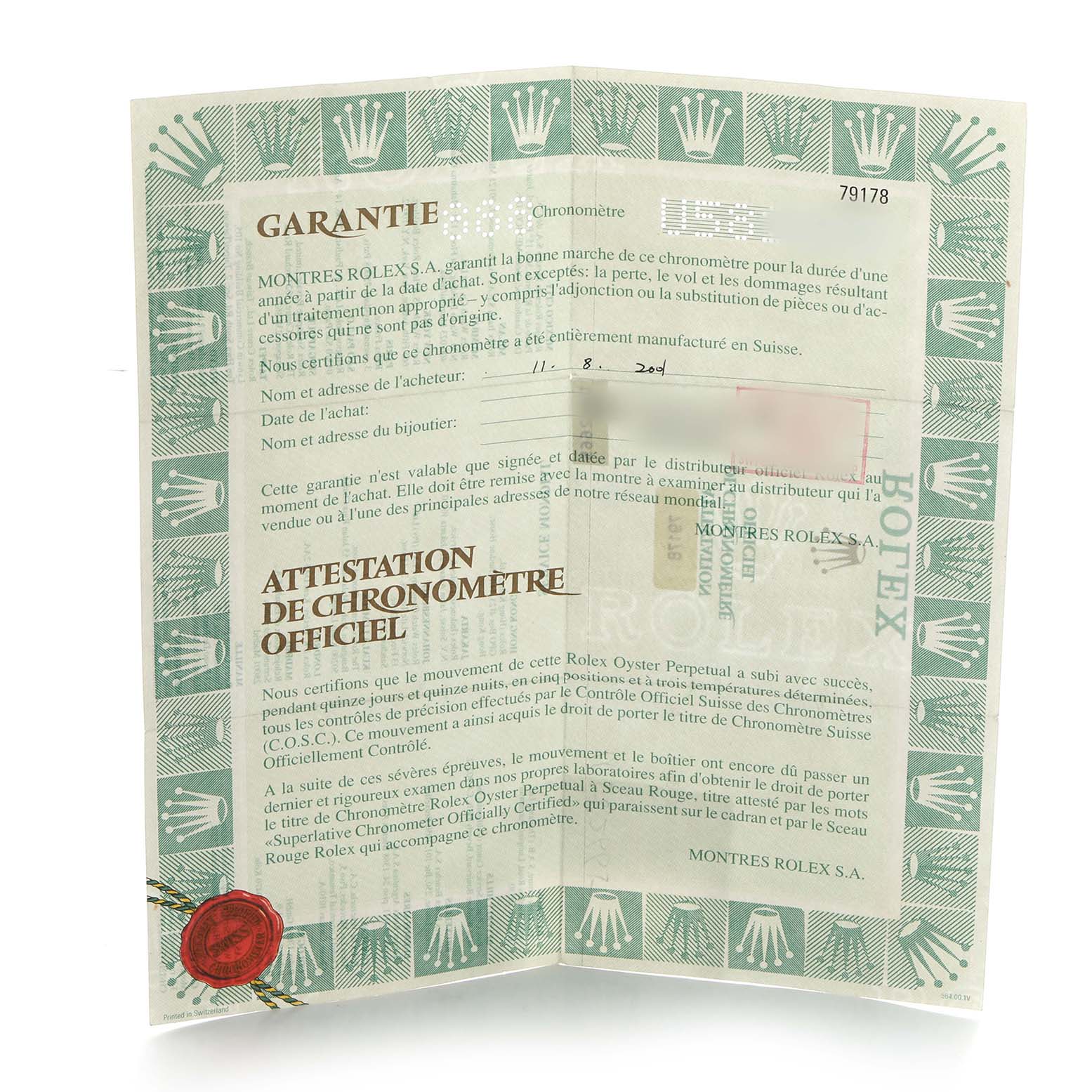 The image shows a warranty certificate for the Rolex President 179178 Women's Yellow Gold Champagne Dial model, featuring text and official seals.