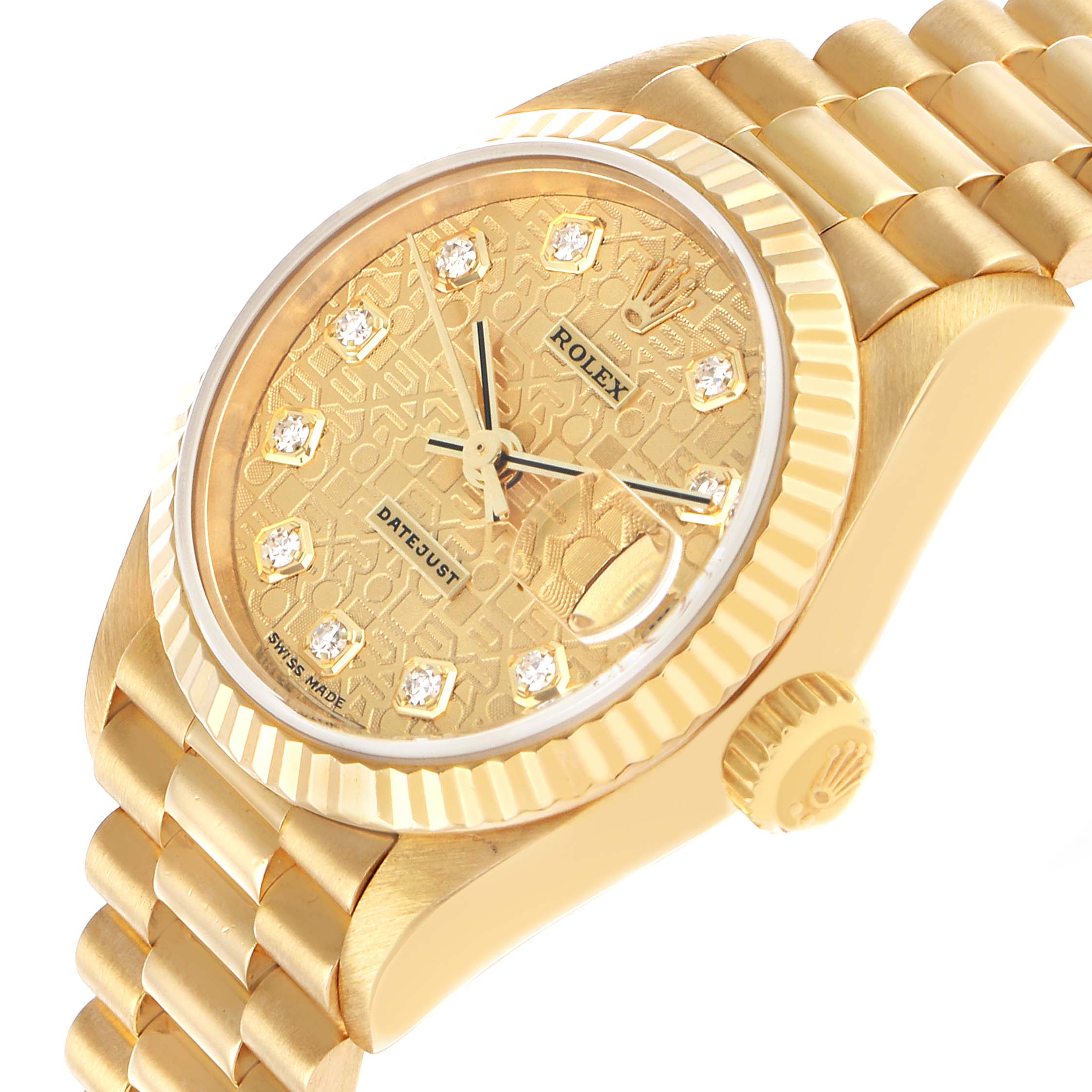 The image shows a Rolex President 179178 Women's Yellow Gold Champagne Dial model watch at a slight angled side view, highlighting the dial, bezel, and bracelet.