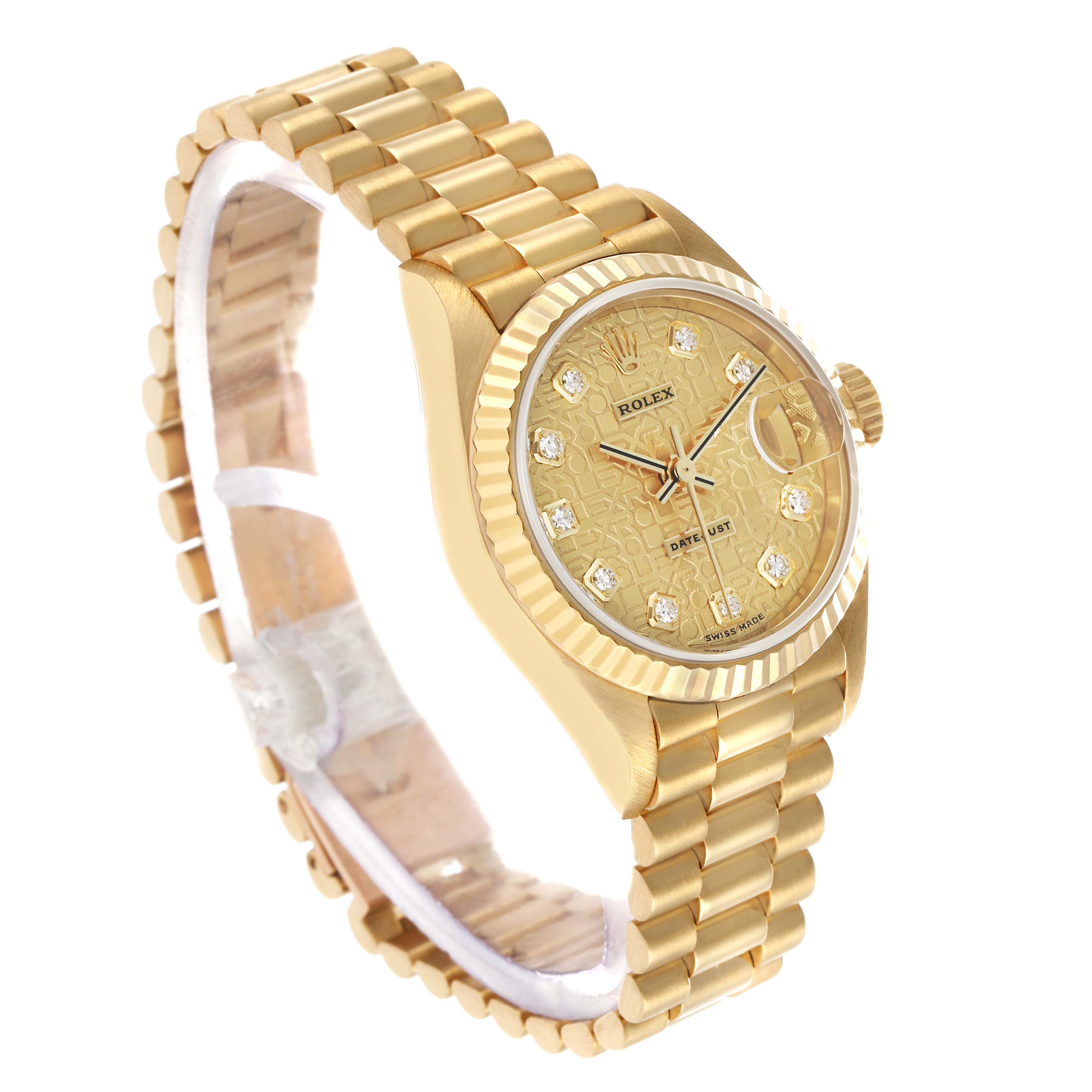 The Rolex President 179178 Women's Yellow Gold Champagne Dial model watch is shown at a slight angle, displaying its gold bracelet, textured dial, and fluted bezel.