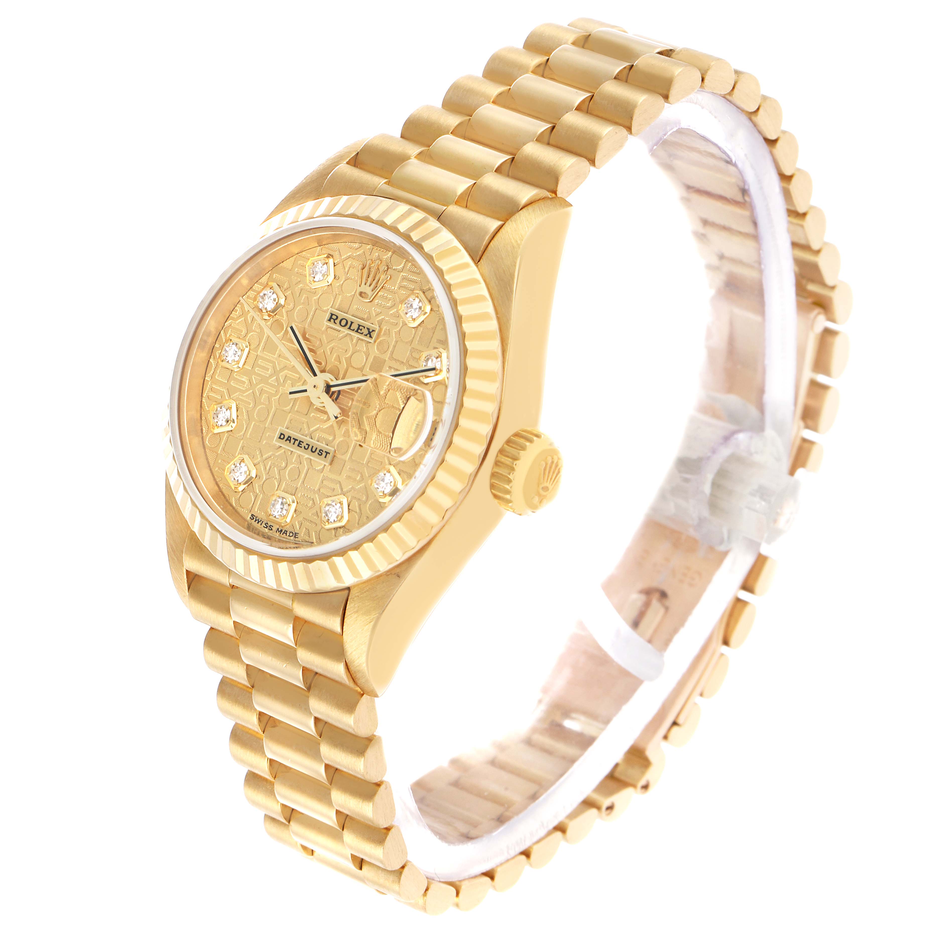 The Rolex President 179178 Women's Yellow Gold Champagne Dial model watch is shown at a three-quarter angle, highlighting the face, bezel, bracelet, and crown.