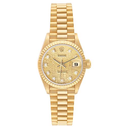 The Rolex President 179178 Women's Yellow Gold Champagne Dial watch is shown from a top-down angle, displaying the full face, dial, bracelet, and crown.