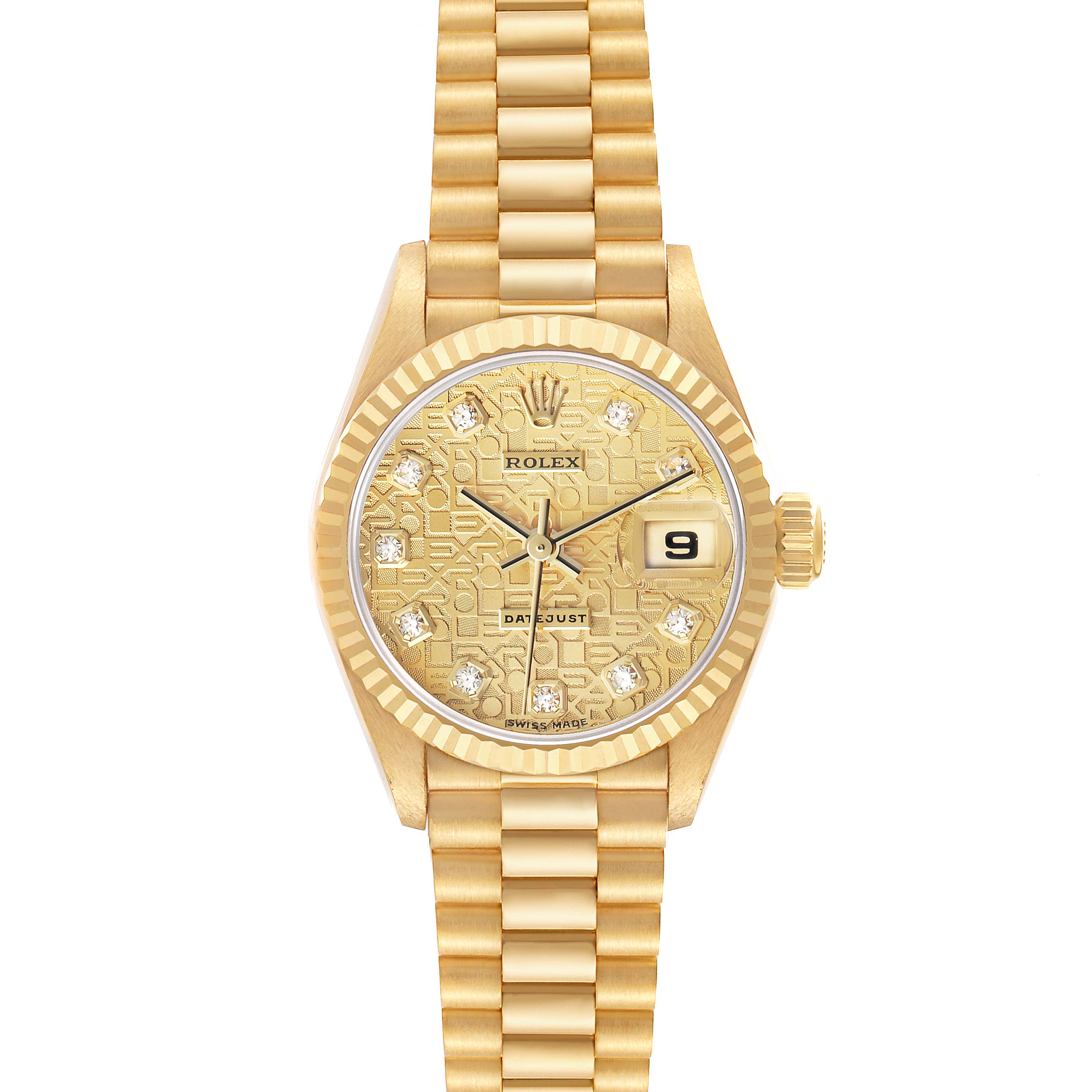 The Rolex President 179178 Women's Yellow Gold Champagne Dial watch is shown from a top-down angle, highlighting its gold dial, date window, and bracelet.
