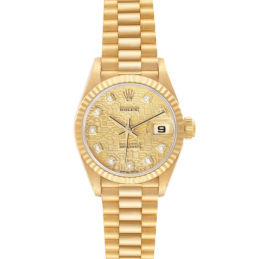 The Rolex President 179178 Women's Yellow Gold Champagne Dial watch is shown from a top-down angle, highlighting its gold dial, date window, and bracelet.