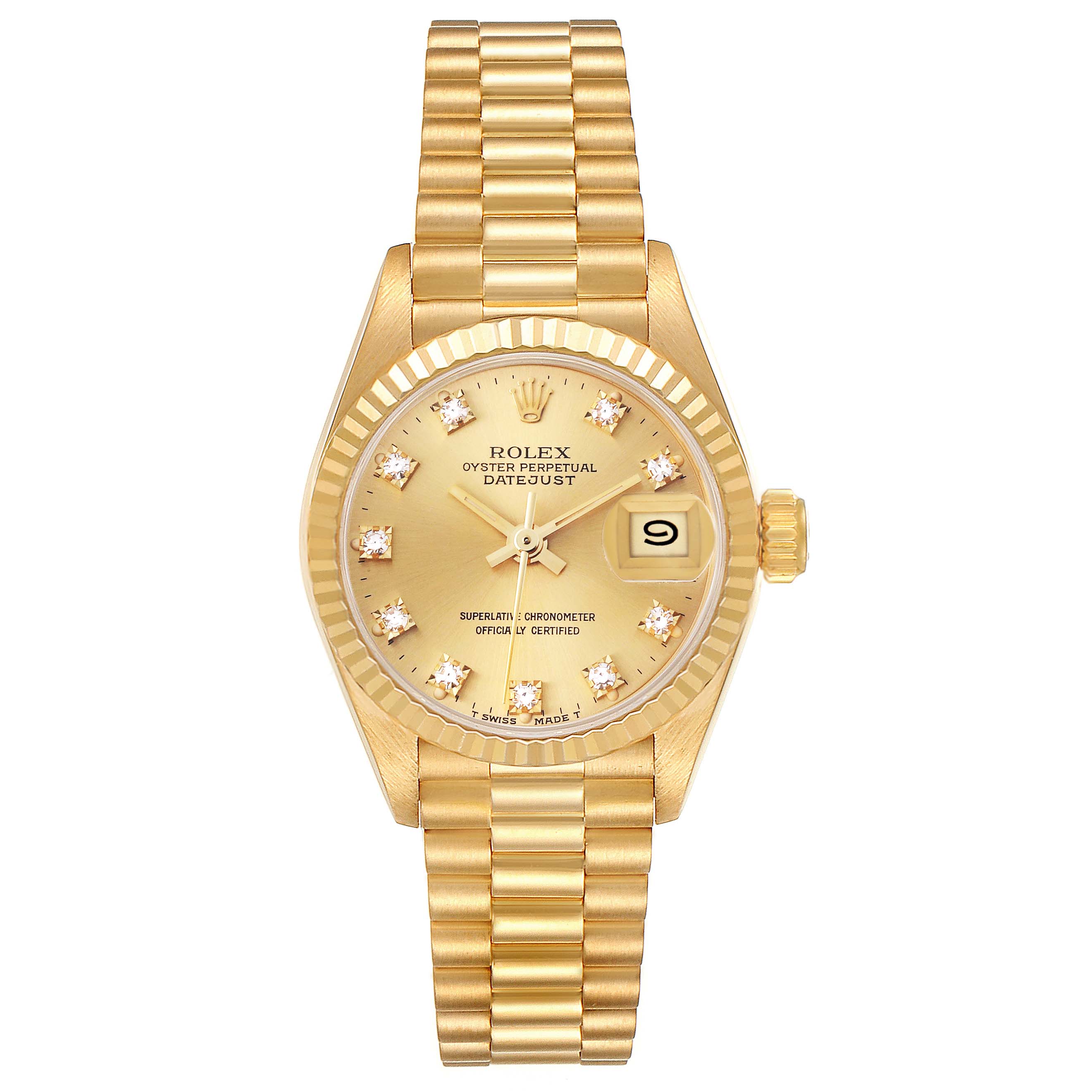 The Rolex President 69178 Women's Yellow Gold Champagne Dial 69178 Women's Yellow Gold Champagne Dial model watch is shown from a top view displaying the face, bezel, bracelet, and crown.
