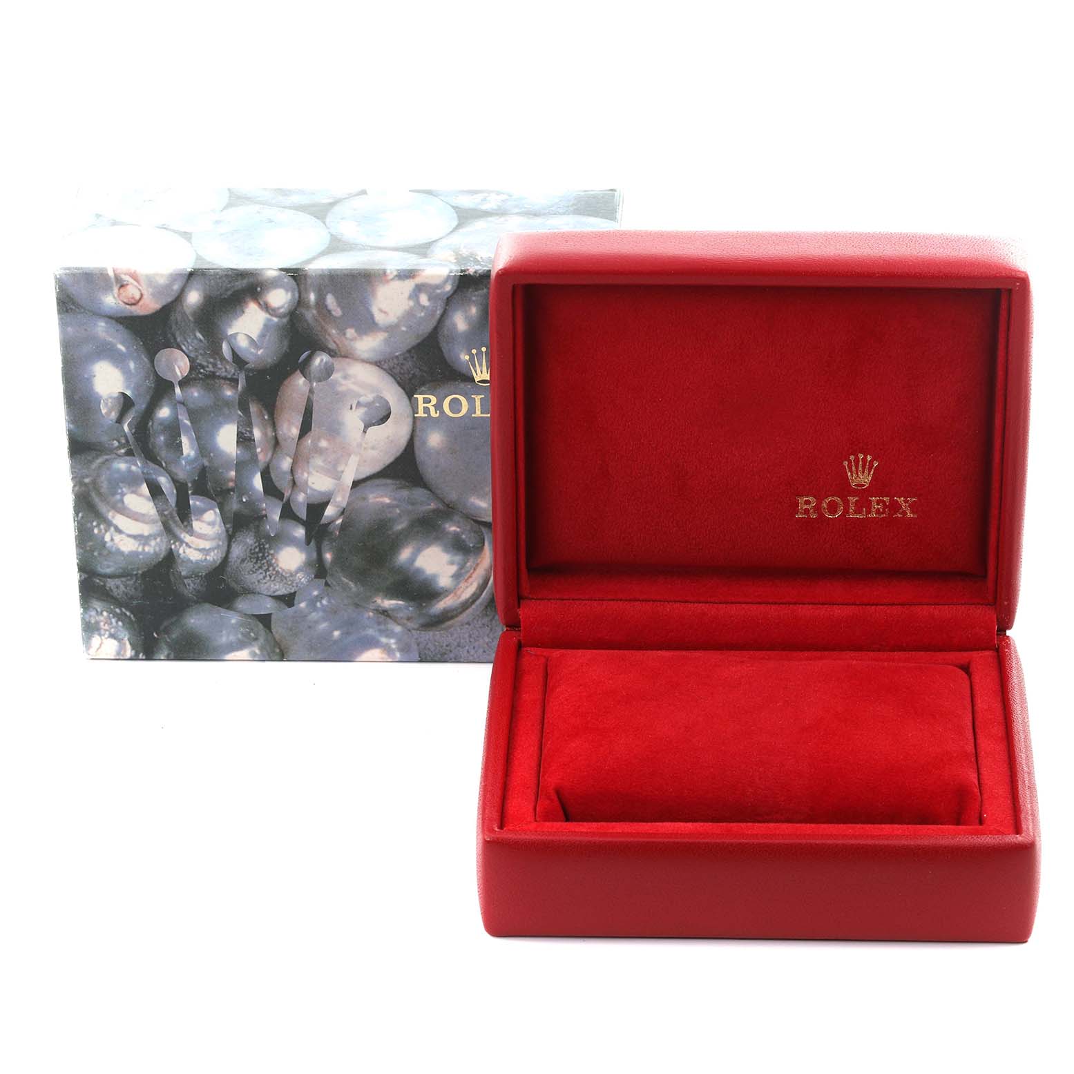 The image shows the red Rolex President 69178 Women's Yellow Gold Champagne Dial 69178 Women's Yellow Gold Champagne Dial watch box, open, alongside the patterned packaging.