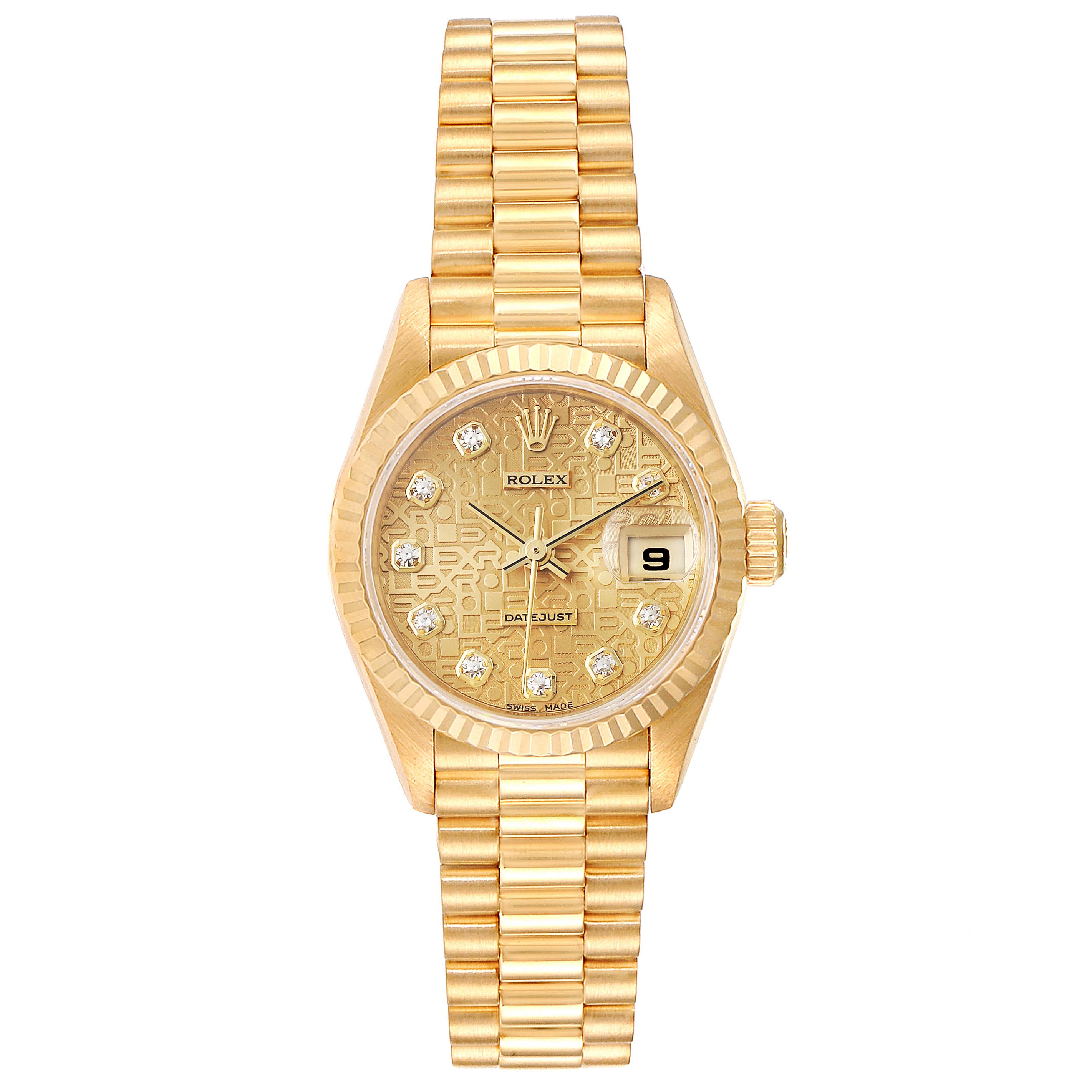 This image shows a front view of a Rolex President 79178 Women
s Yellow Gold Champagne Dial 79178 Women
s Yellow Gold Champagne Dial model watch with a gold dial and bracelet.