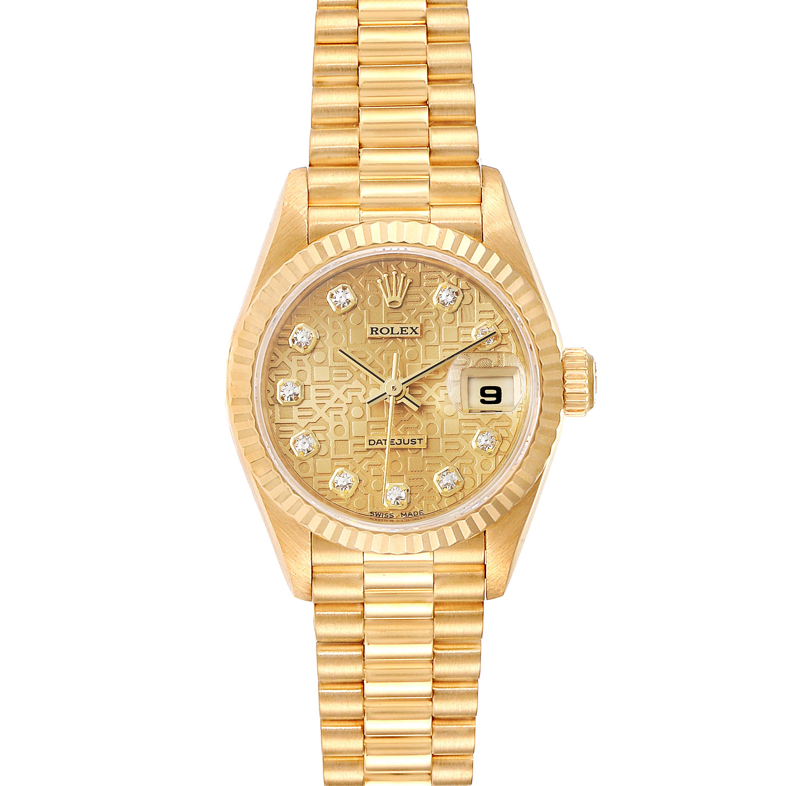 The image shows a Rolex President 79178 Women
s Yellow Gold Champagne Dial 79178 Women
s Yellow Gold Champagne Dial model watch from a front angle, displaying its dial, bezel, and bracelet.