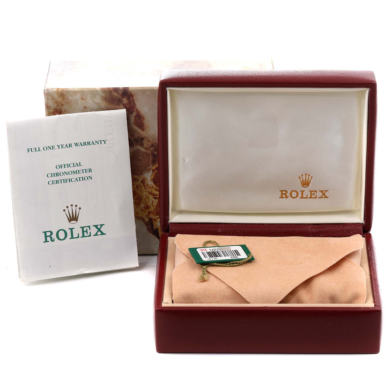 The image shows the packaging, inner box, and warranty card for a Rolex President 79178 Women
s Yellow Gold Champagne Dial 79178 Women
s Yellow Gold Champagne Dial model watch.