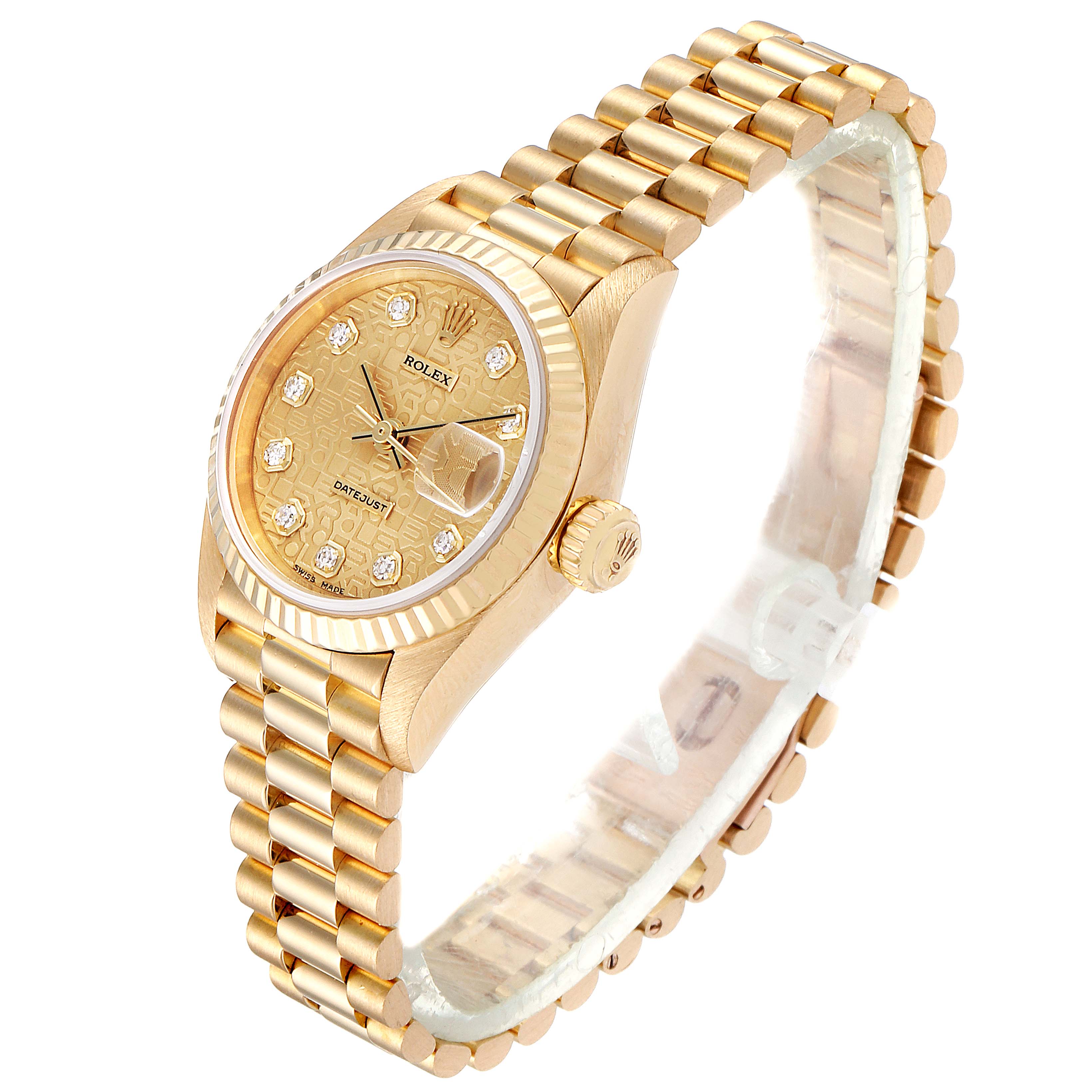The image shows a Rolex President 79178 Women
s Yellow Gold Champagne Dial 79178 Women
s Yellow Gold Champagne Dial model watch at a 3/4 angle, displaying the face, bezel, crown, and bracelet.