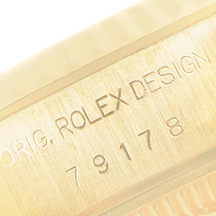 This image shows a close-up of the model number engraving on the Rolex President 79178 Women
s Yellow Gold Champagne Dial 79178 Women
s Yellow Gold Champagne Dial watch case.