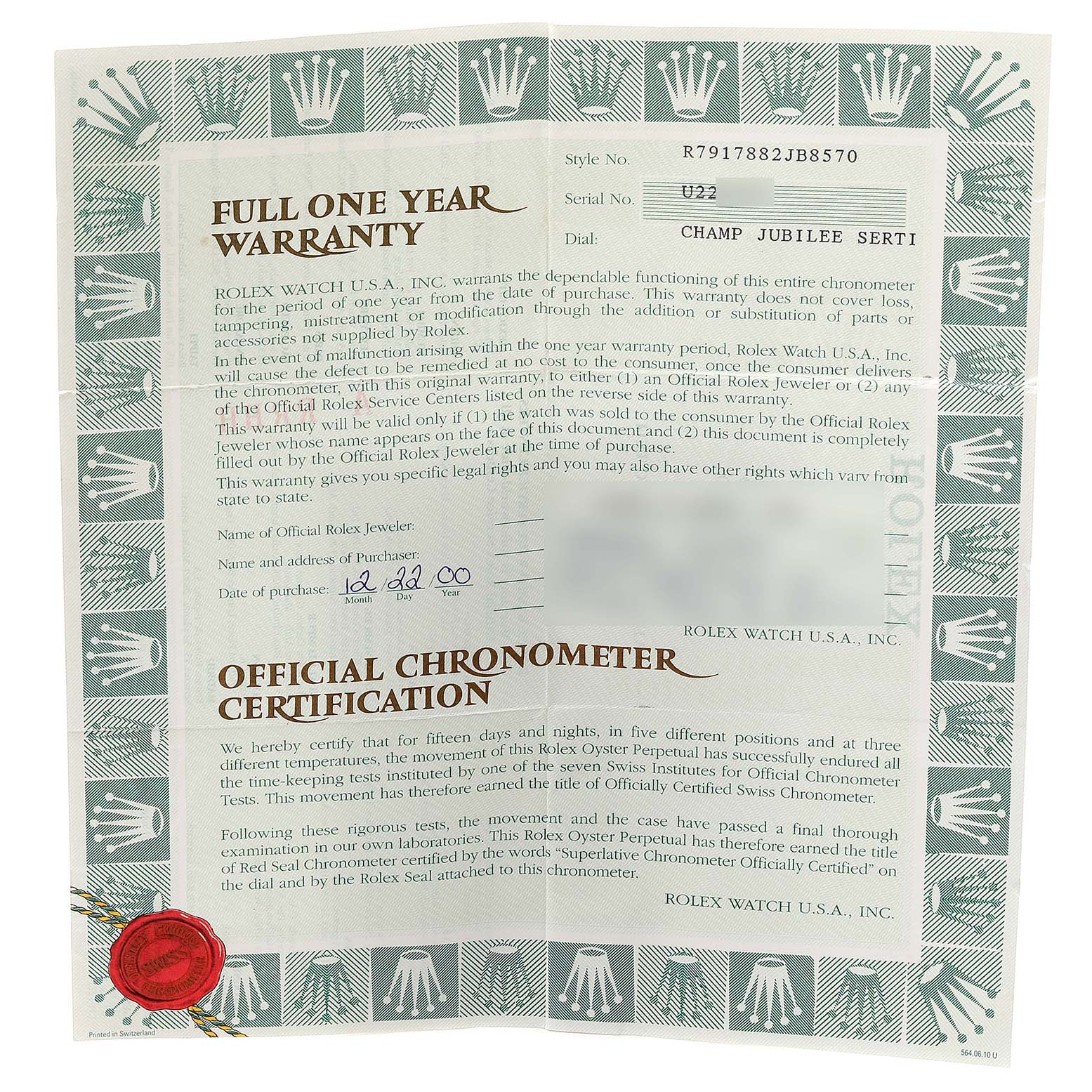 This image shows the warranty and official chronometer certification documents for the Rolex President 79178 Women
s Yellow Gold Champagne Dial 79178 Women
s Yellow Gold Champagne Dial model watch.