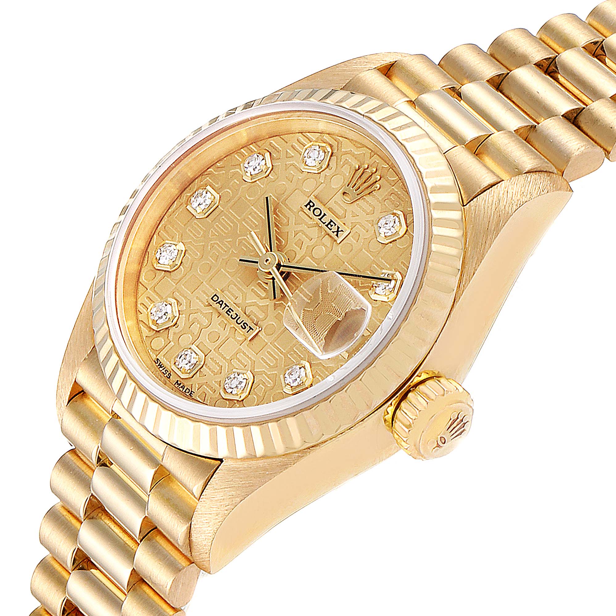 The Rolex President 79178 Women
s Yellow Gold Champagne Dial 79178 Women
s Yellow Gold Champagne Dial model watch is shown at an angle displaying the face, crown, and part of the bracelet.