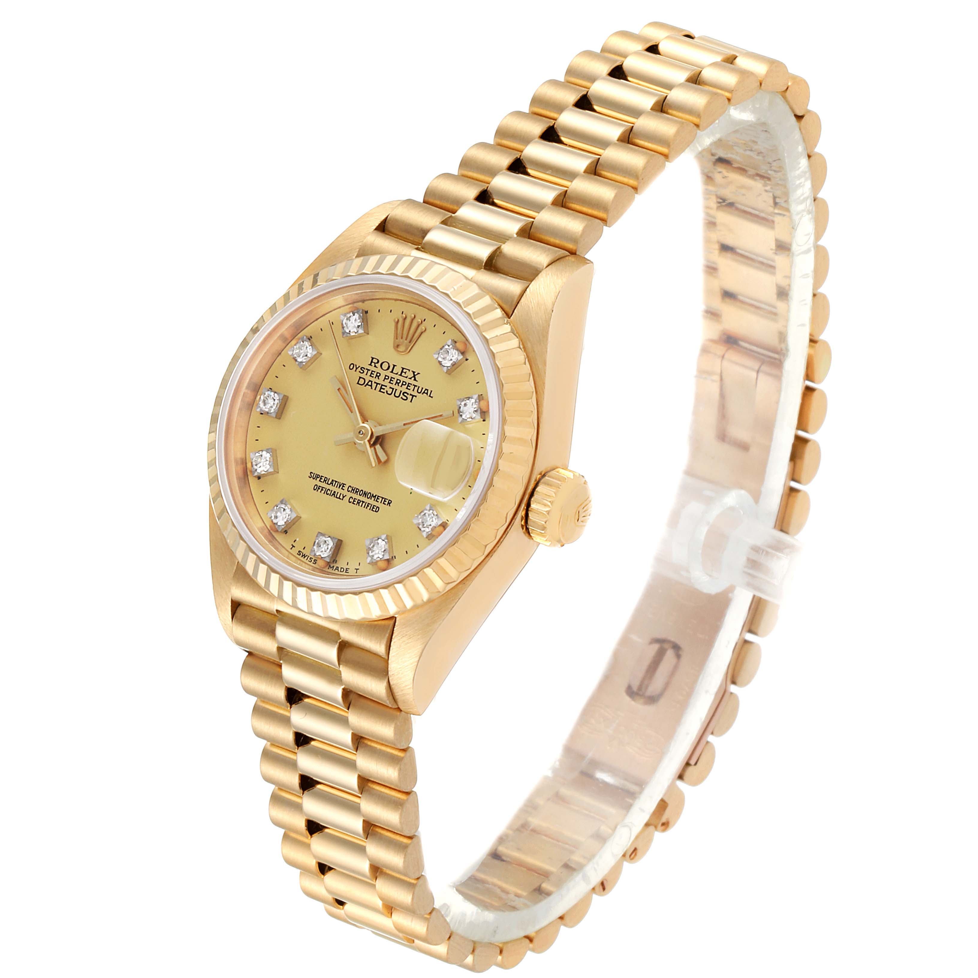 The Rolex President 69178 Women
s Yellow Gold Champagne Dial 69178 Women
s Yellow Gold Champagne Dial model watch is shown at a slight angle, displaying its dial, fluted bezel, and President bracelet.