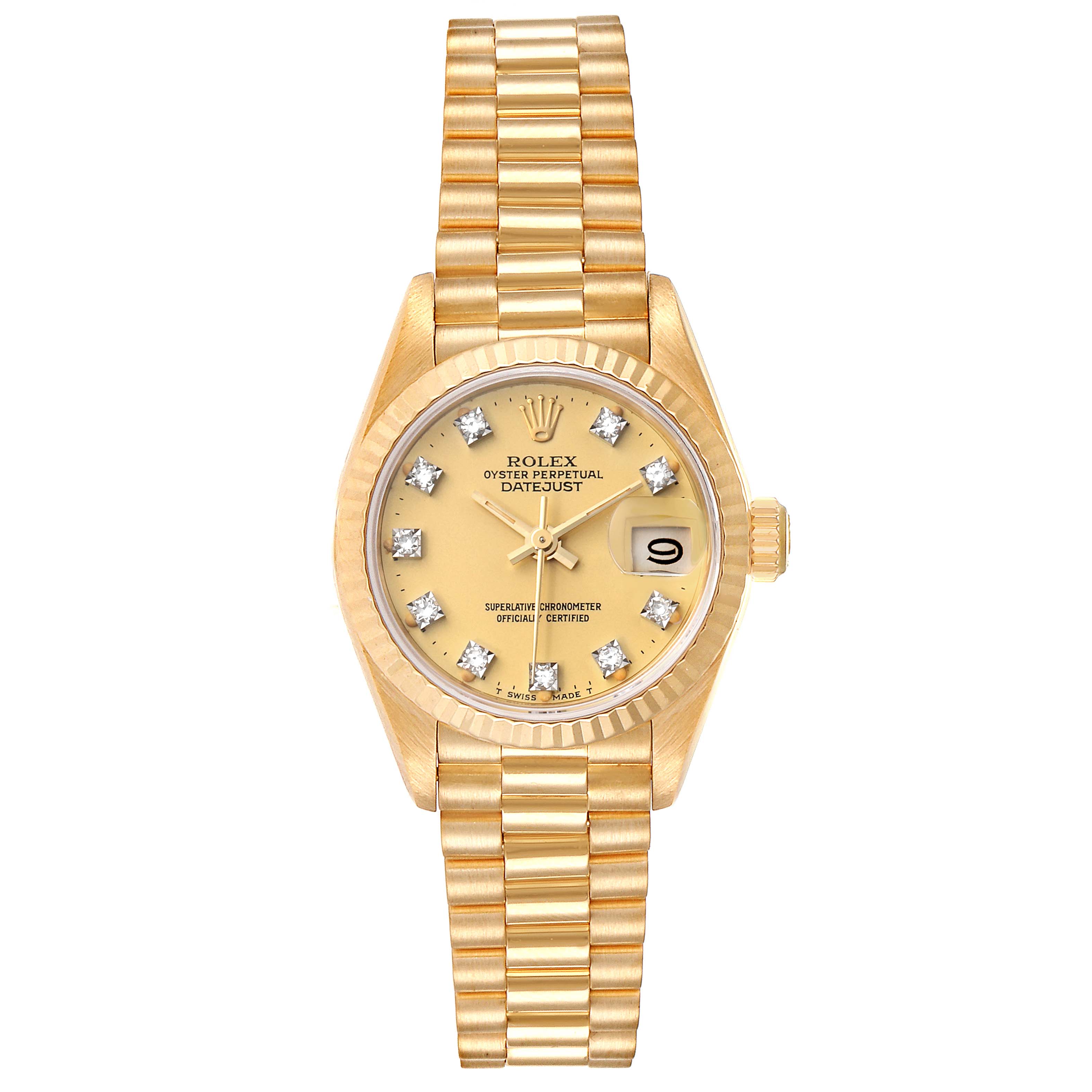 This image shows the dial, bezel, crown, and bracelet of a Rolex President 69178 Women
s Yellow Gold Champagne Dial 69178 Women
s Yellow Gold Champagne Dial Datejust watch from a top-down angle.