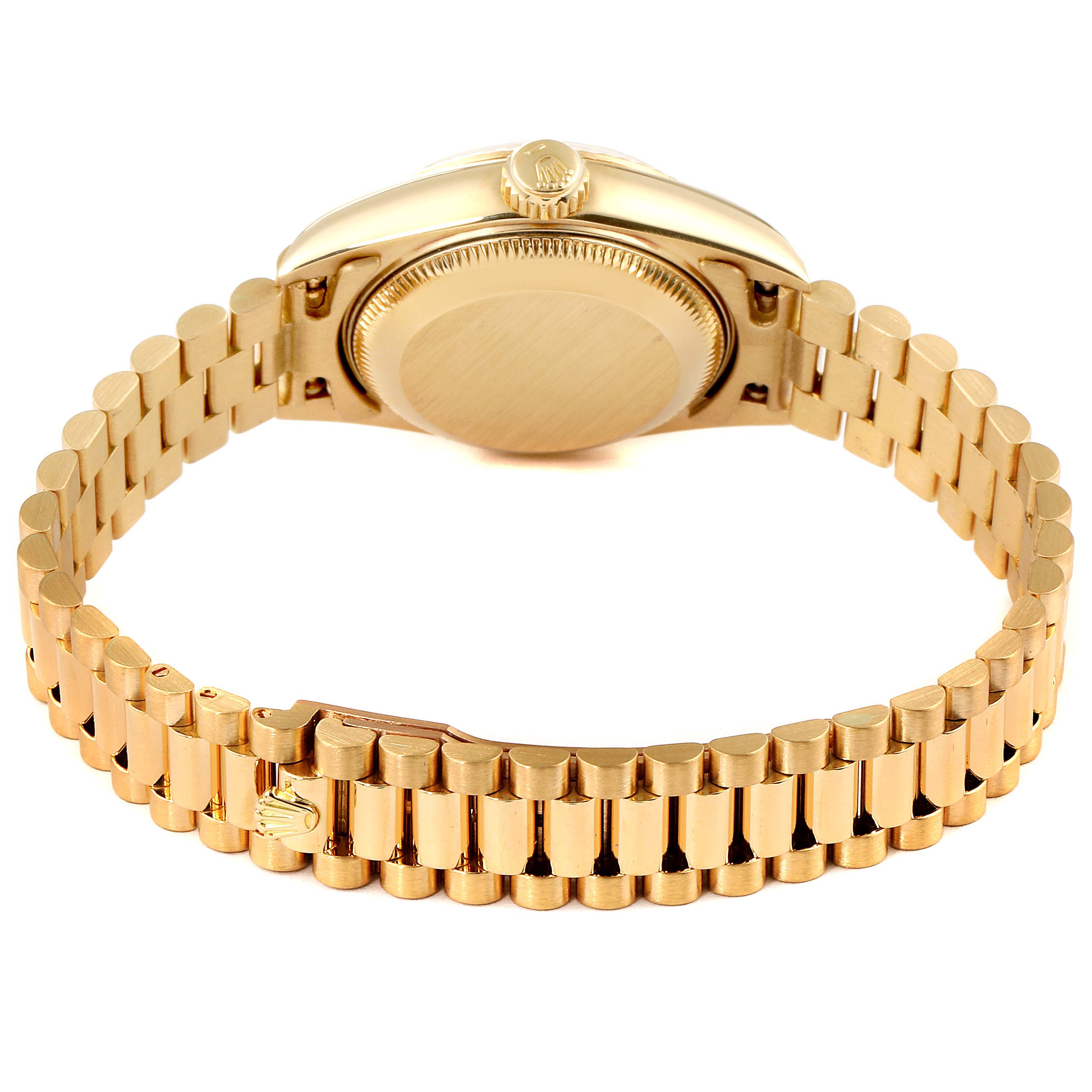 This image shows the back and bracelet of a Rolex President 69178 Women
s Yellow Gold Champagne Dial 69178 Women
s Yellow Gold Champagne Dial model watch viewed from a tilted rear angle.