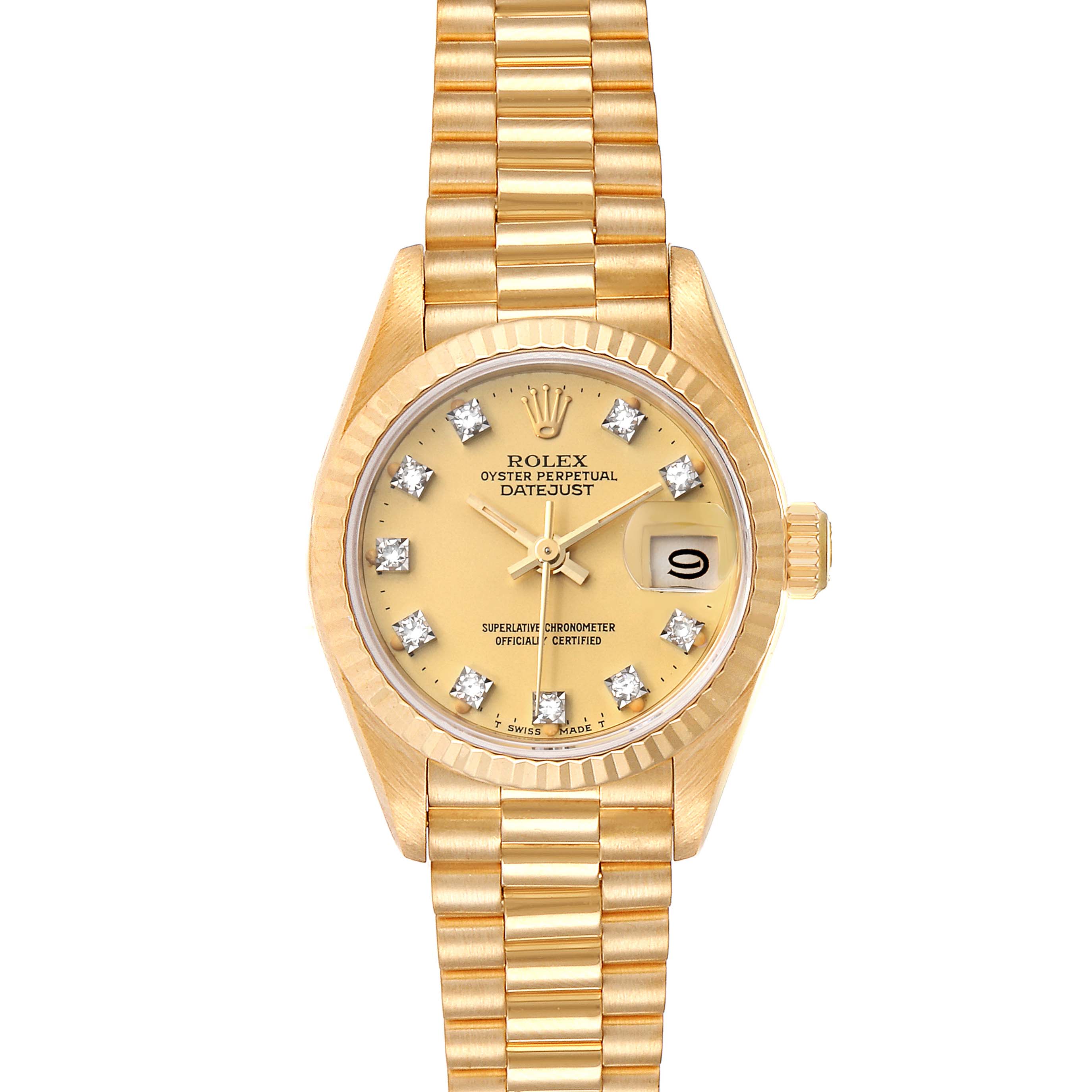 The image shows a front view of the Rolex President 69178 Women
s Yellow Gold Champagne Dial 69178 Women
s Yellow Gold Champagne Dial model watch, highlighting its gold bracelet, dial, and date display.