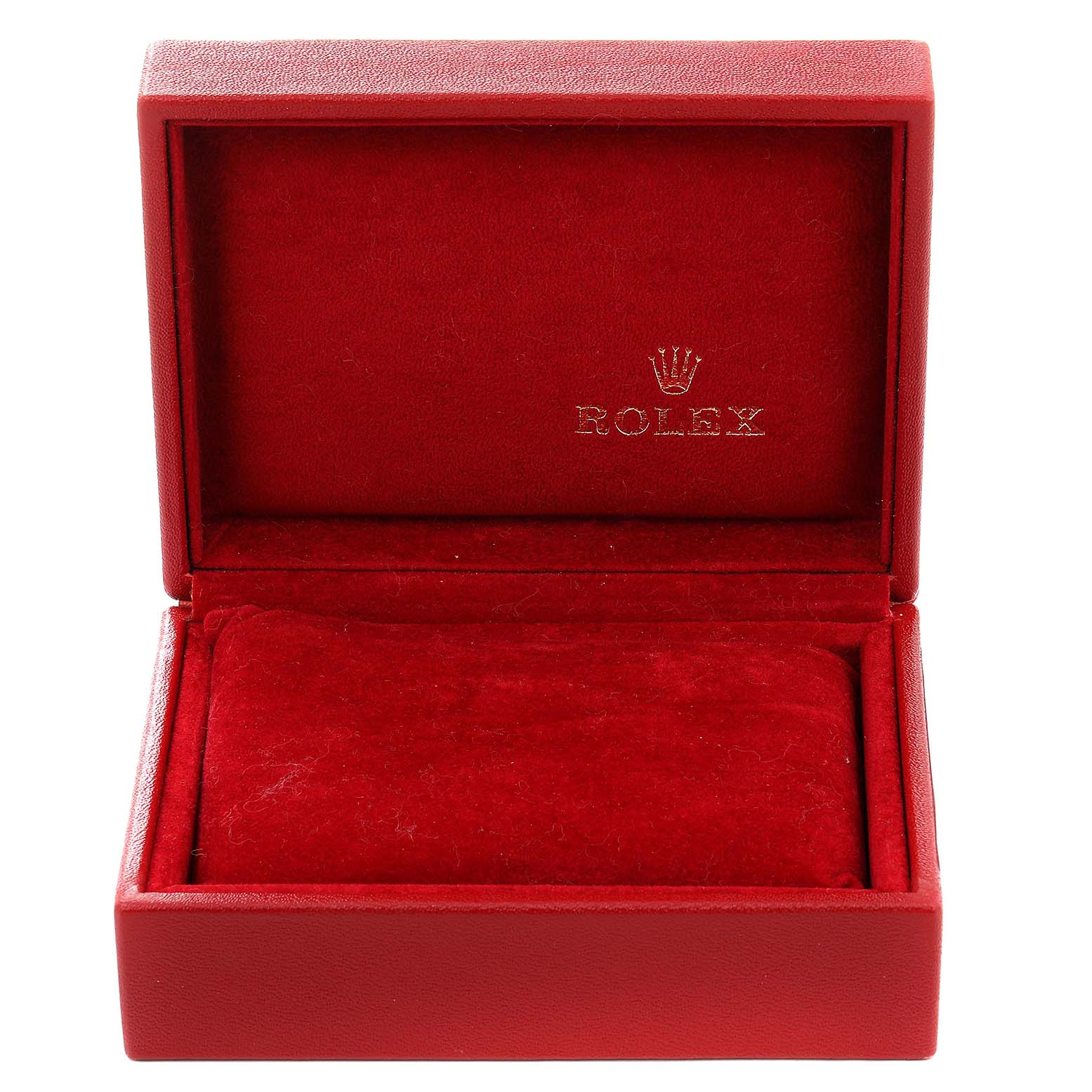 This image shows an open red Rolex box with the interior designed for the President model watch.