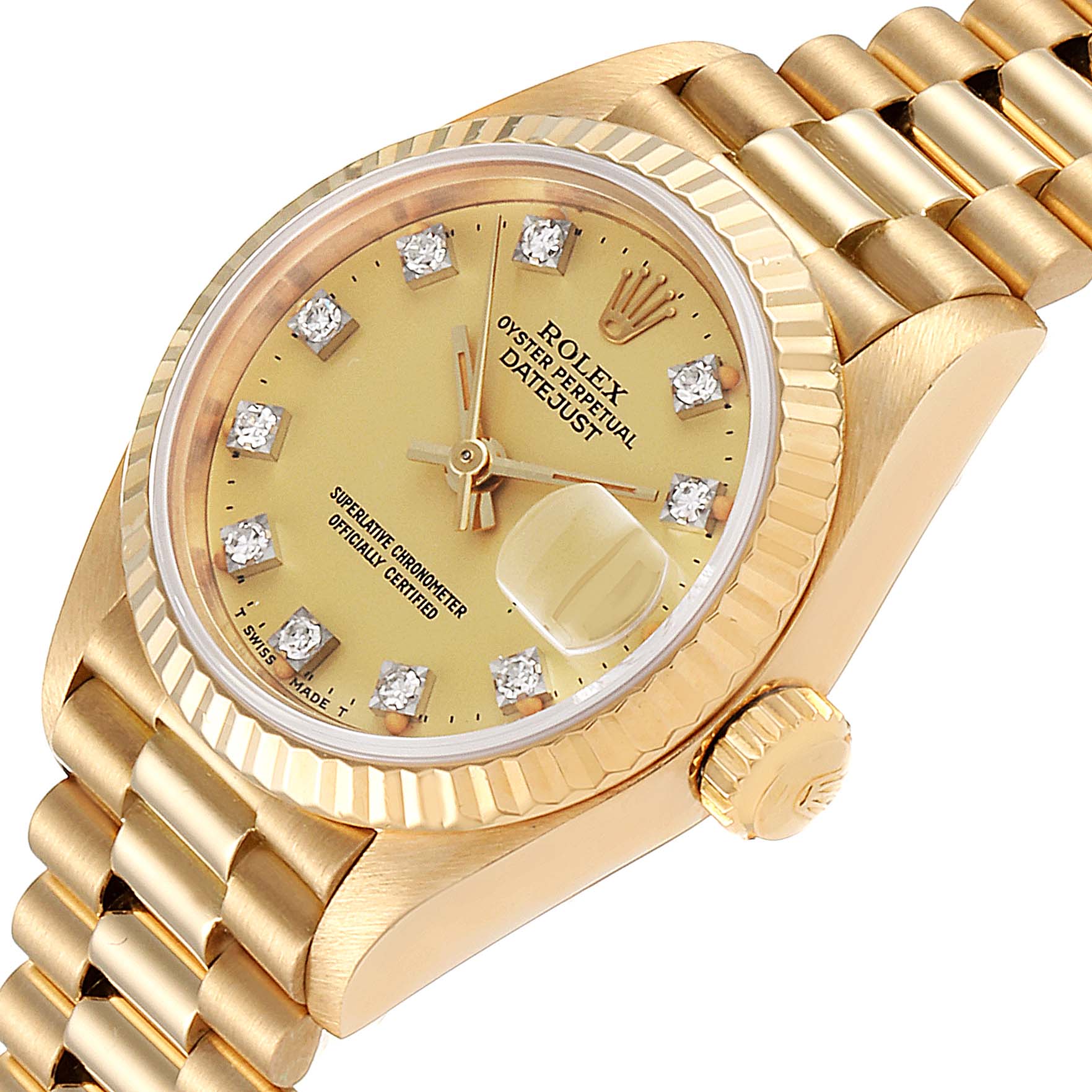 The image shows a close-up of the Rolex President 69178 Women
s Yellow Gold Champagne Dial 69178 Women
s Yellow Gold Champagne Dial model watch, displaying its gold case, bezel, dial, and part of the bracelet.