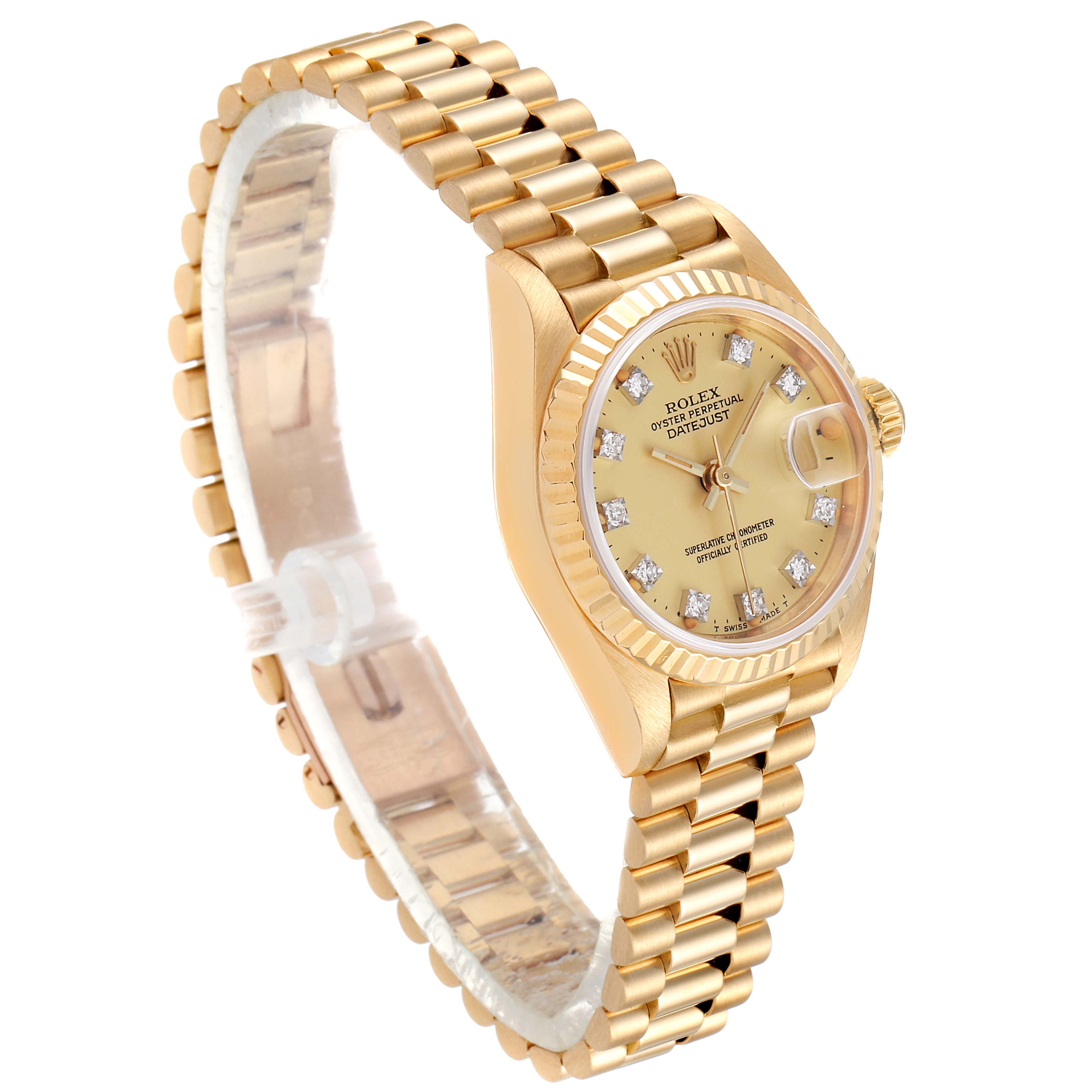 The image displays a side angle of the Rolex President 69178 Women
s Yellow Gold Champagne Dial 69178 Women
s Yellow Gold Champagne Dial model watch, showing the dial, bezel, and bracelet.