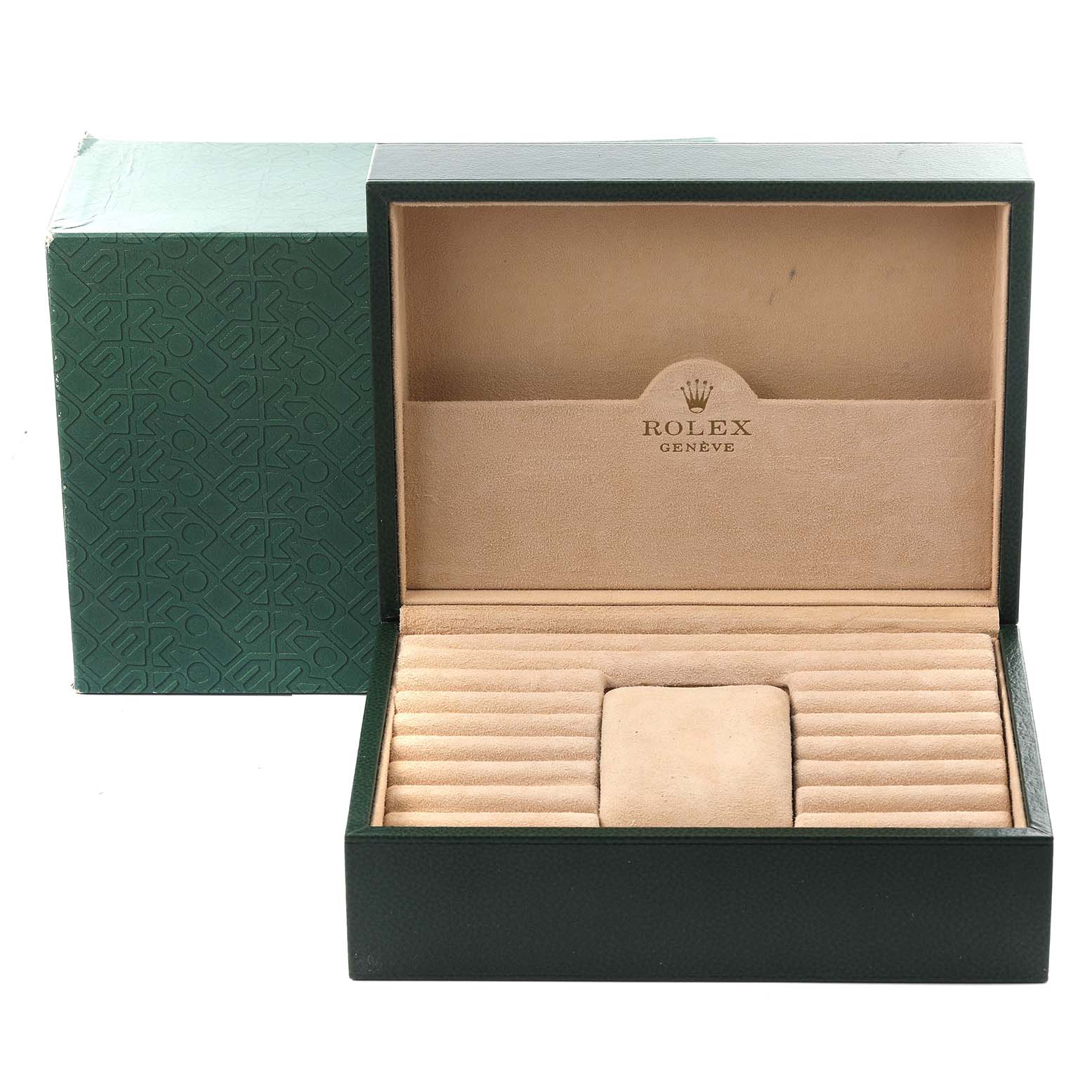 The image shows an open Rolex President 18348 Men
s Yellow Gold Champagne Dial 18348 Men
s Yellow Gold Champagne Dial model watch box with a velvet interior and outer packaging.