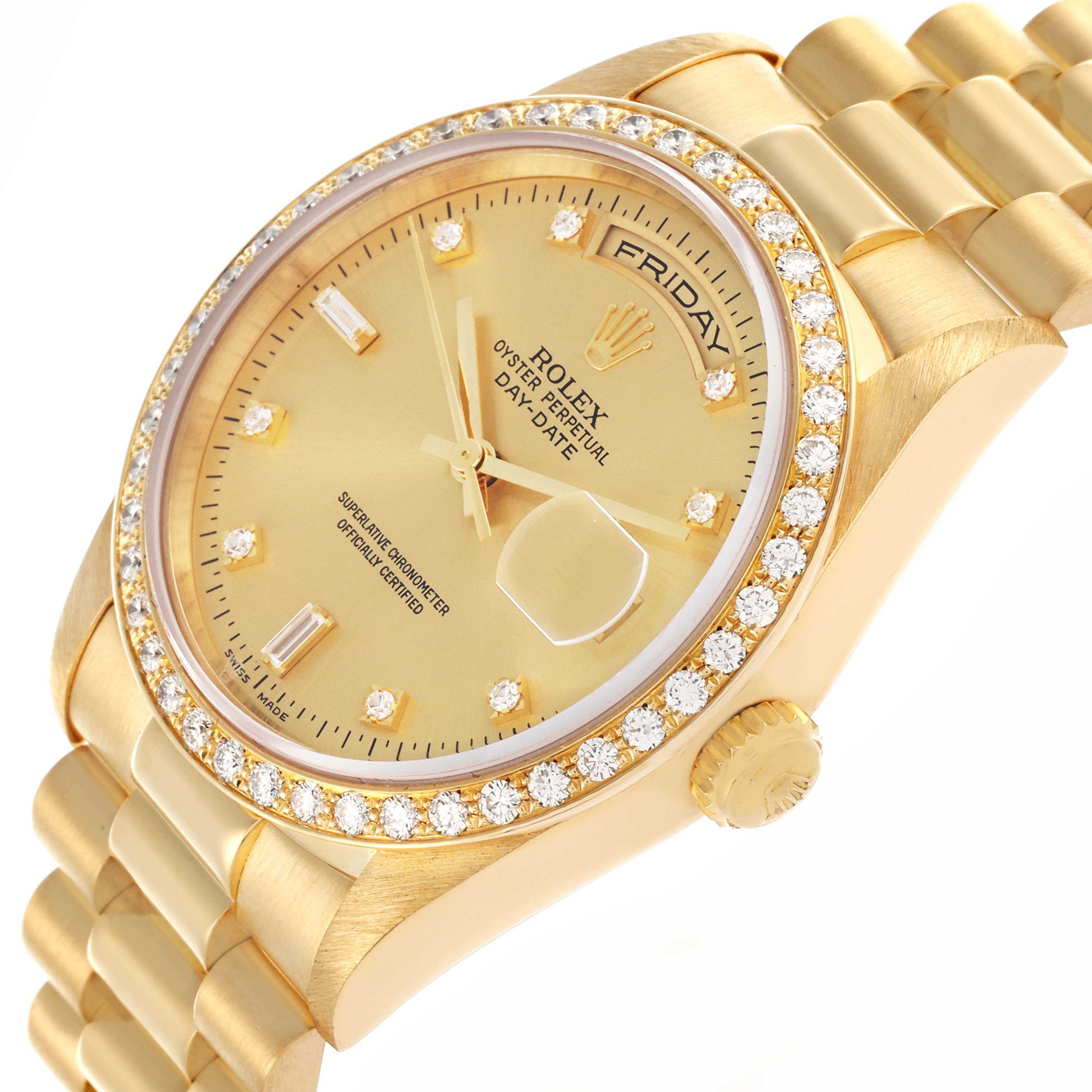 The Rolex President 18348 Men
s Yellow Gold Champagne Dial 18348 Men
s Yellow Gold Champagne Dial model is shown from an angled view, displaying the face, diamond bezel, bracelet, and crown.