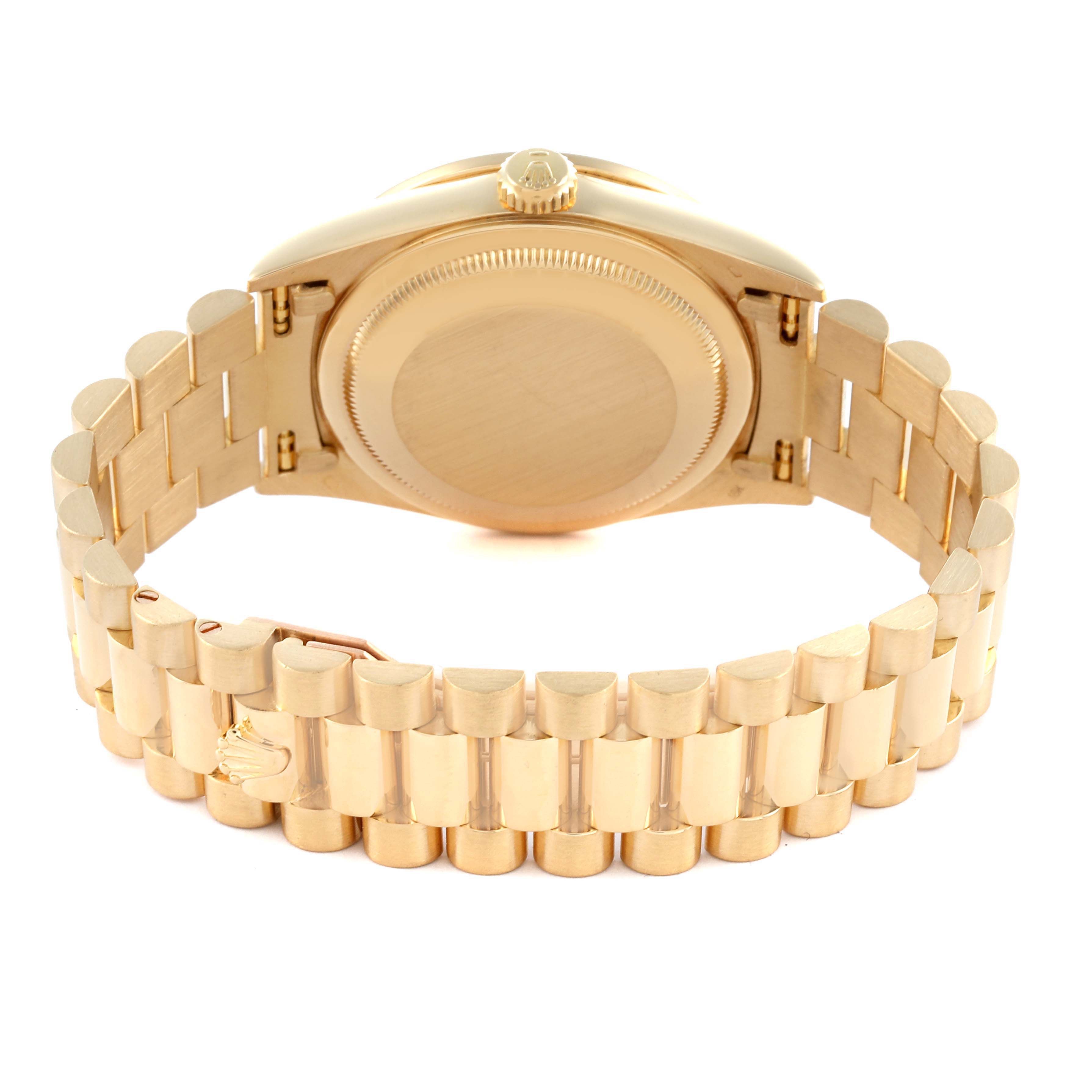 The image shows the back case and bracelet of a Rolex President 18348 Men
s Yellow Gold Champagne Dial 18348 Men
s Yellow Gold Champagne Dial model in gold.