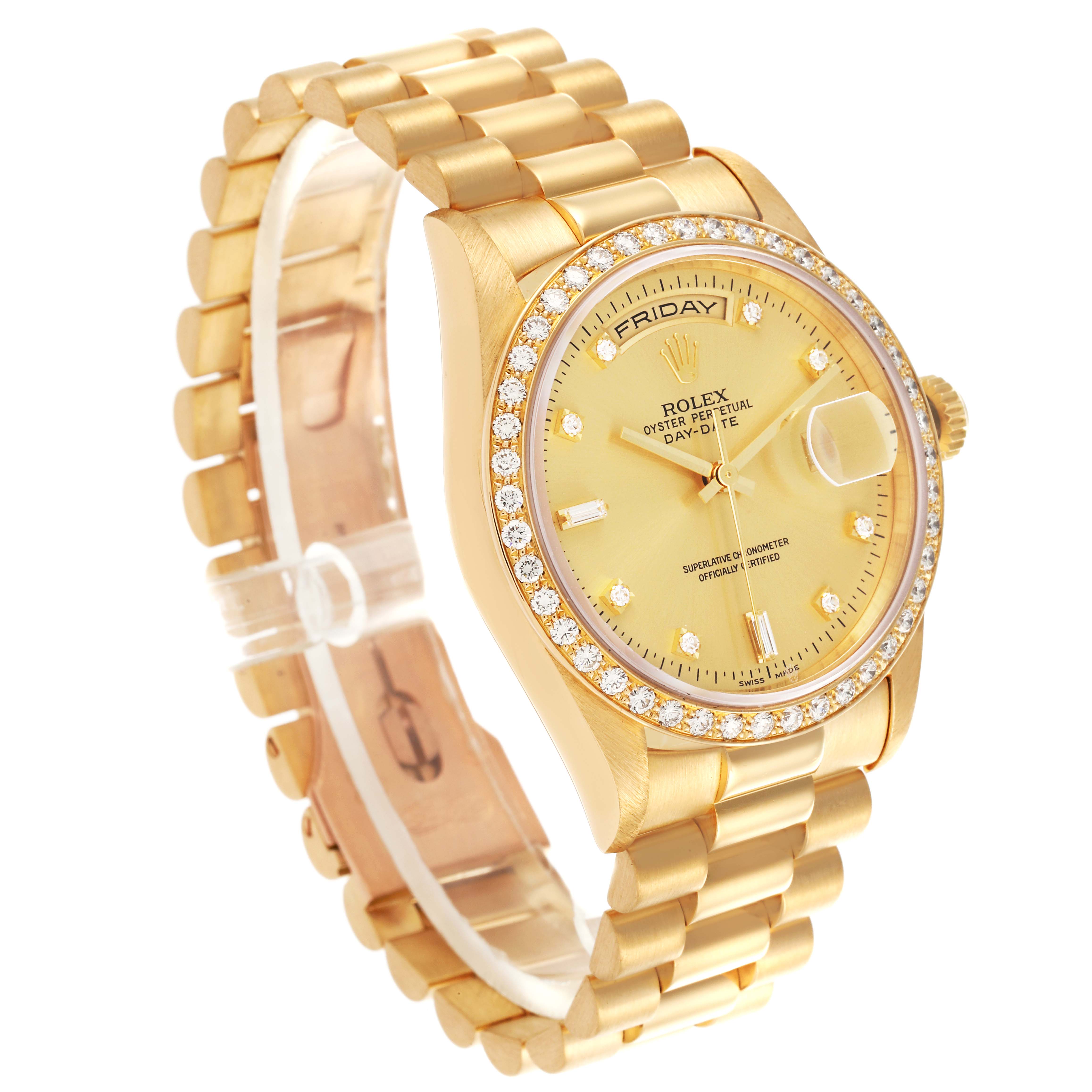 The Rolex President 18348 Men
s Yellow Gold Champagne Dial 18348 Men
s Yellow Gold Champagne Dial watch is shown at a three-quarter angle highlighting its gold band, diamond bezel, and dial details.