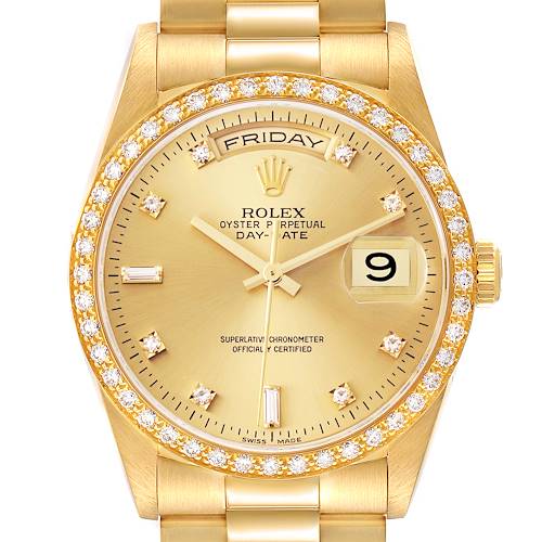 The image shows a front view of a Rolex President watch, highlighting its diamond-set bezel, dial, and bracelet.