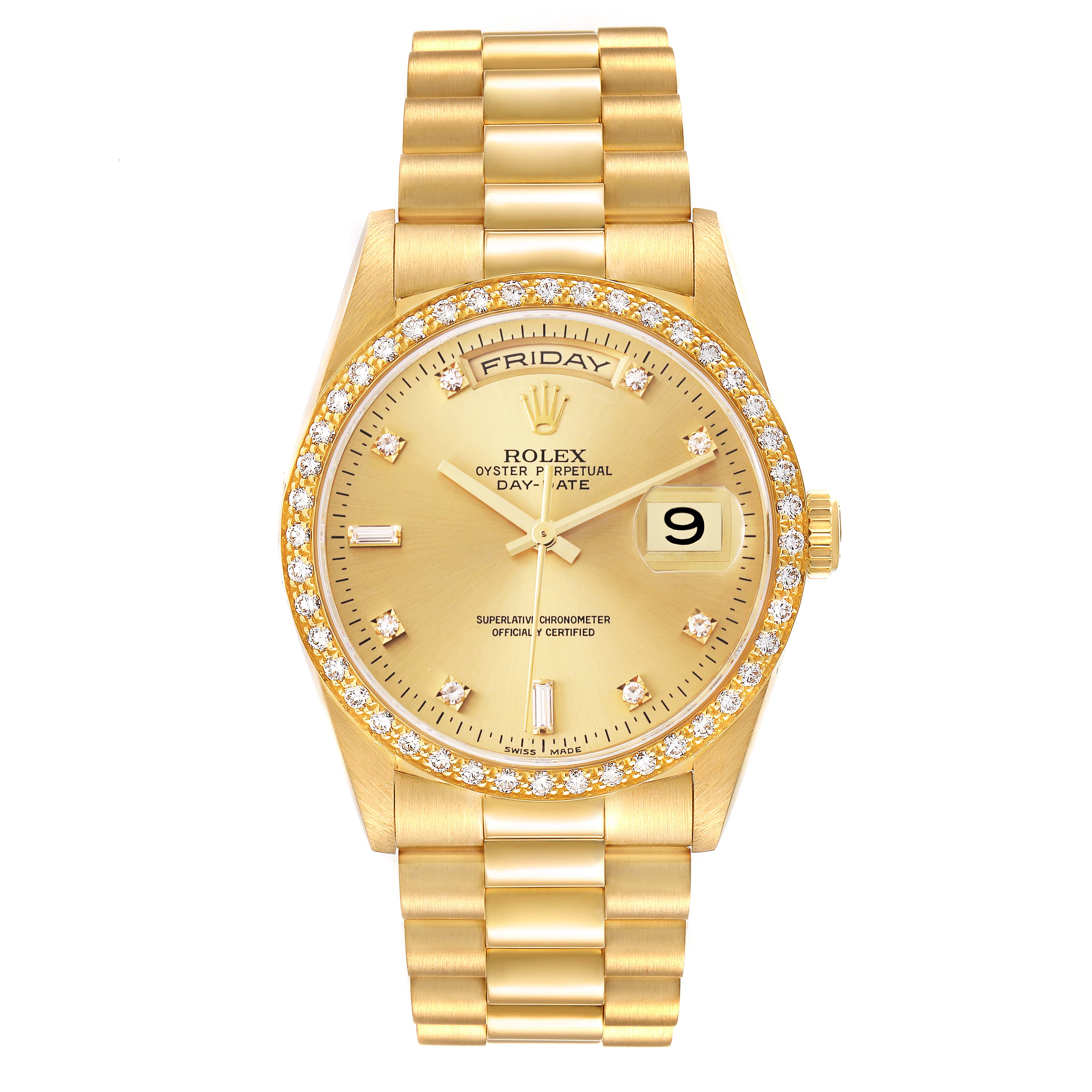 The Rolex President 18348 Men
s Yellow Gold Champagne Dial 18348 Men
s Yellow Gold Champagne Dial model is shown from a front angle, displaying the face and bracelet.