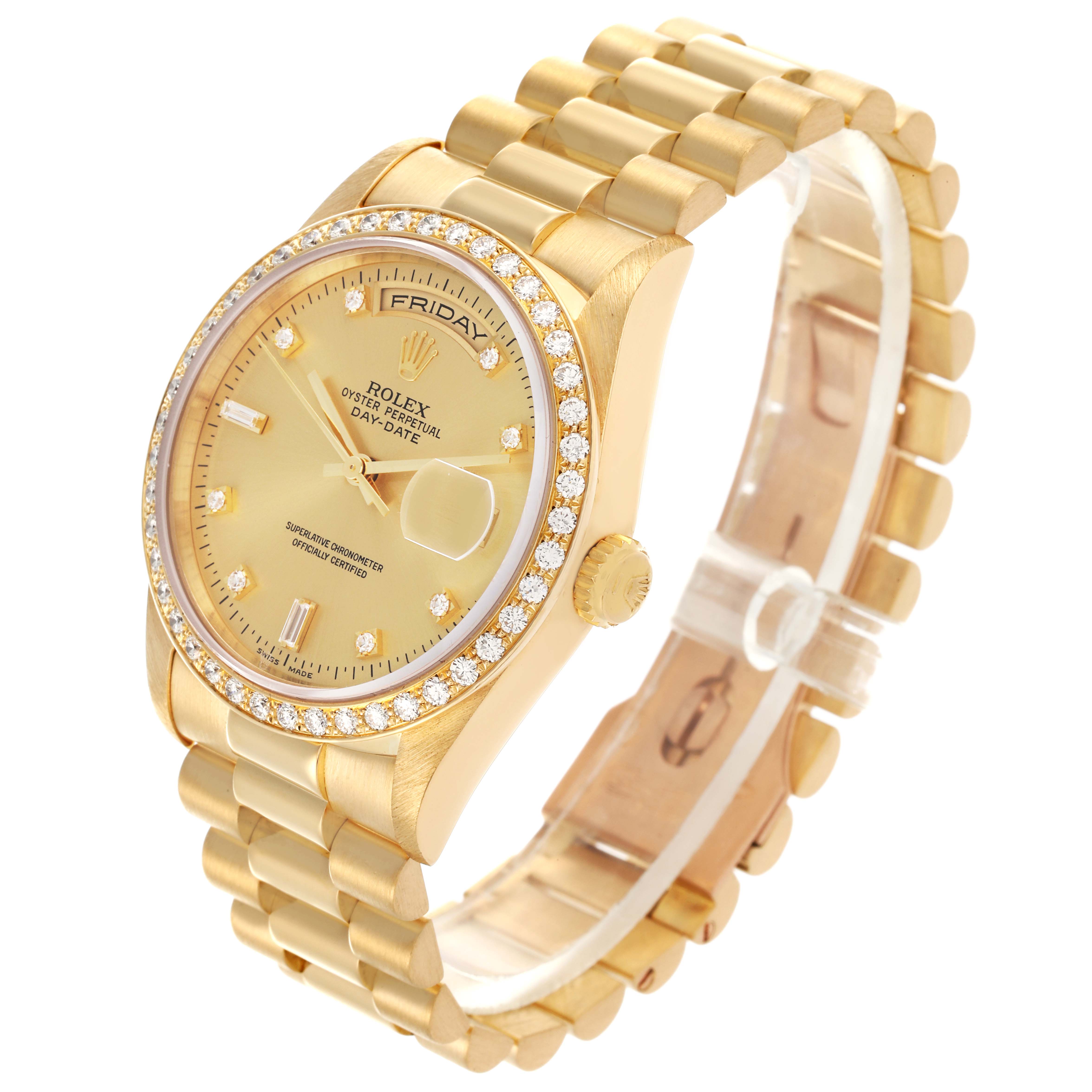 The Rolex President 18348 Men
s Yellow Gold Champagne Dial 18348 Men
s Yellow Gold Champagne Dial watch is shown at a slight angle, highlighting the dial, band, and diamond-set bezel.
