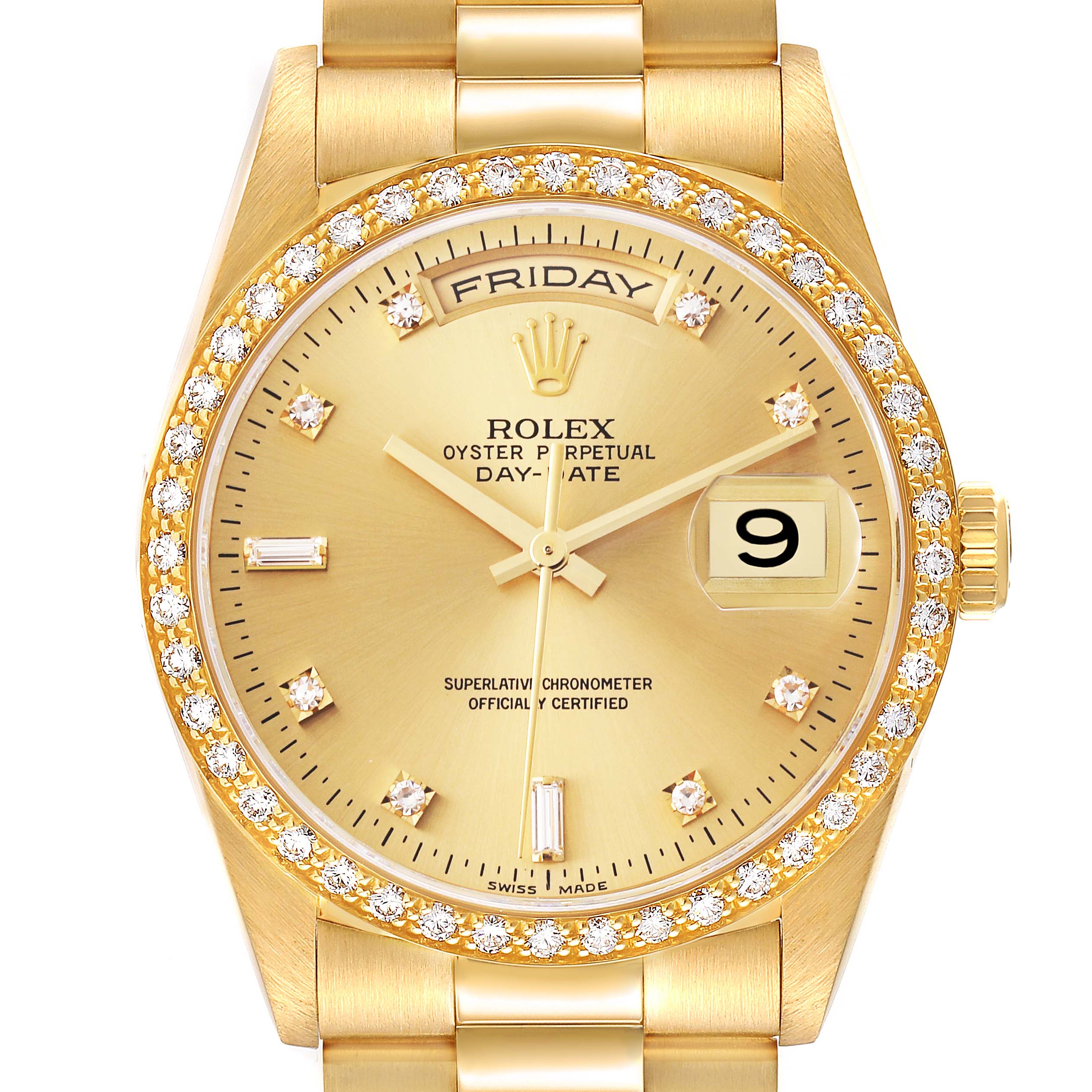The Rolex President 18348 Men
s Yellow Gold Champagne Dial 18348 Men
s Yellow Gold Champagne Dial model is shown from a front angle, displaying the face, bezel, and part of the bracelet.