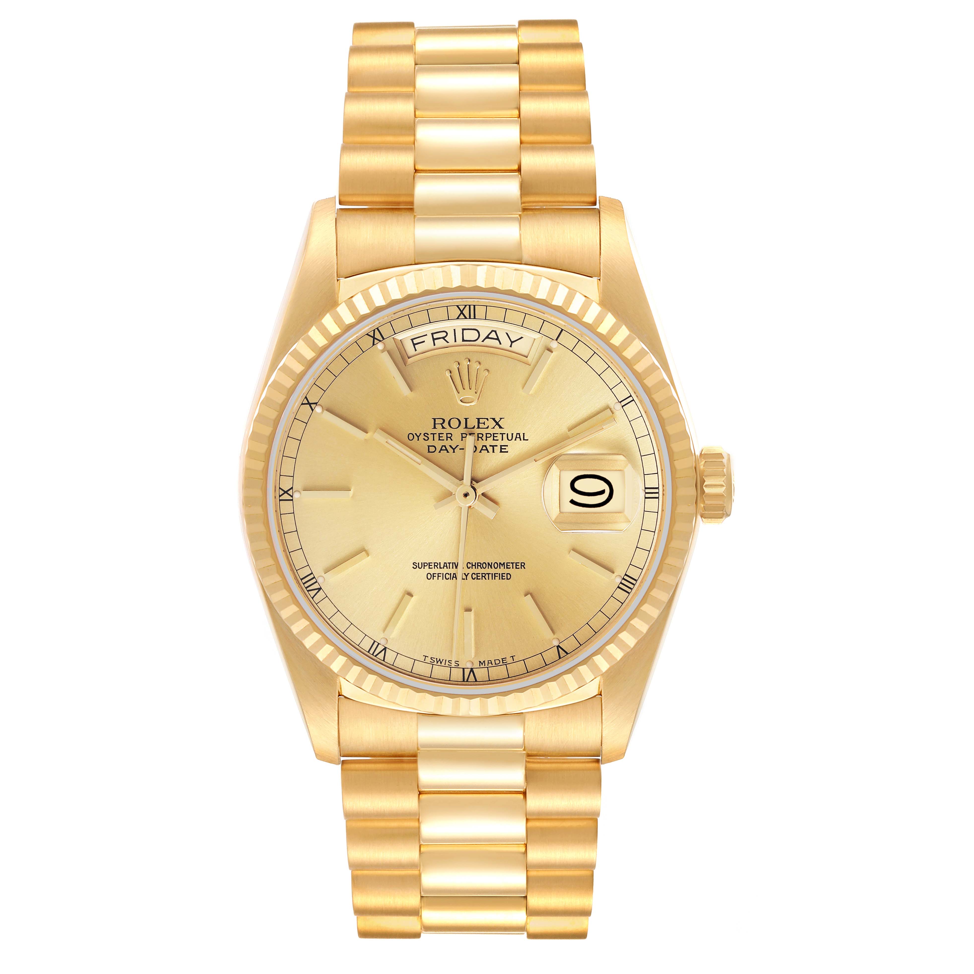The Rolex President 18038 Men
s Yellow Gold Champagne Dial 18038 Men
s Yellow Gold Champagne Dial model is shown from the front, displaying its yellow gold bracelet, dial, day, and date features.