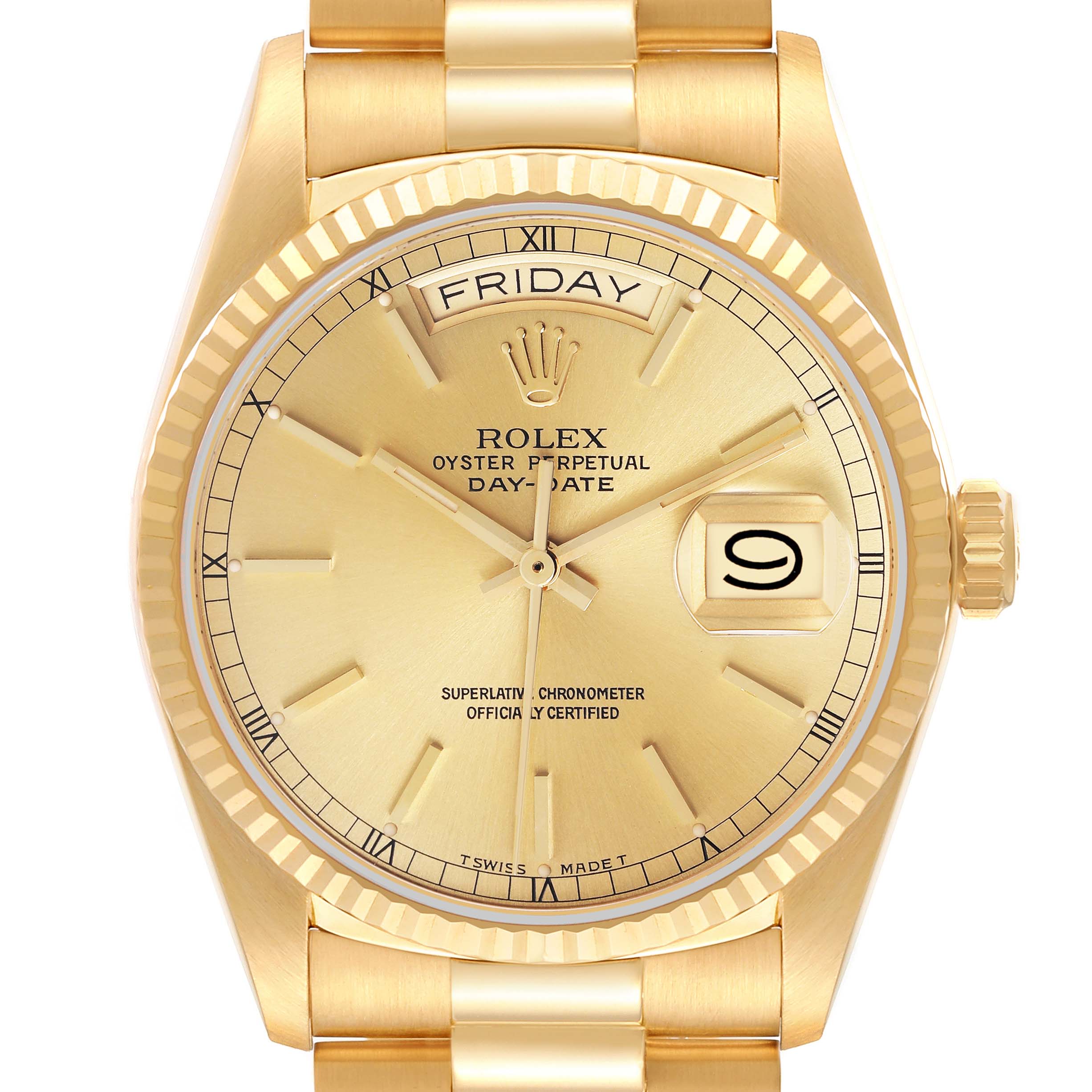 The Rolex President 18038 Men
s Yellow Gold Champagne Dial 18038 Men
s Yellow Gold Champagne Dial watch is shown from a front angle, displaying the dial, bezel, crown, and part of the bracelet.