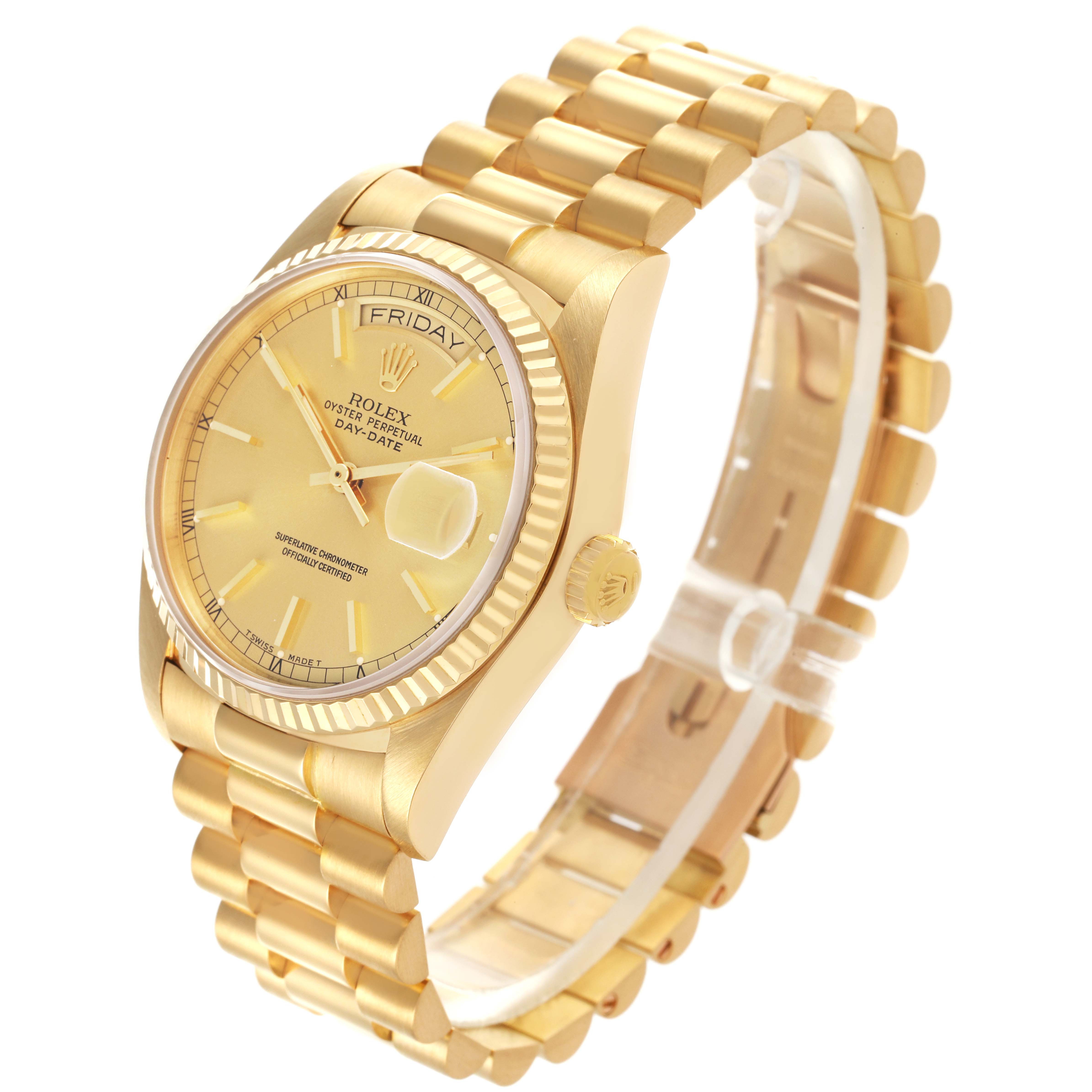 The Rolex President 18038 Men
s Yellow Gold Champagne Dial 18038 Men
s Yellow Gold Champagne Dial watch is shown at a slight angle, displaying the face, bezel, and bracelet prominently.