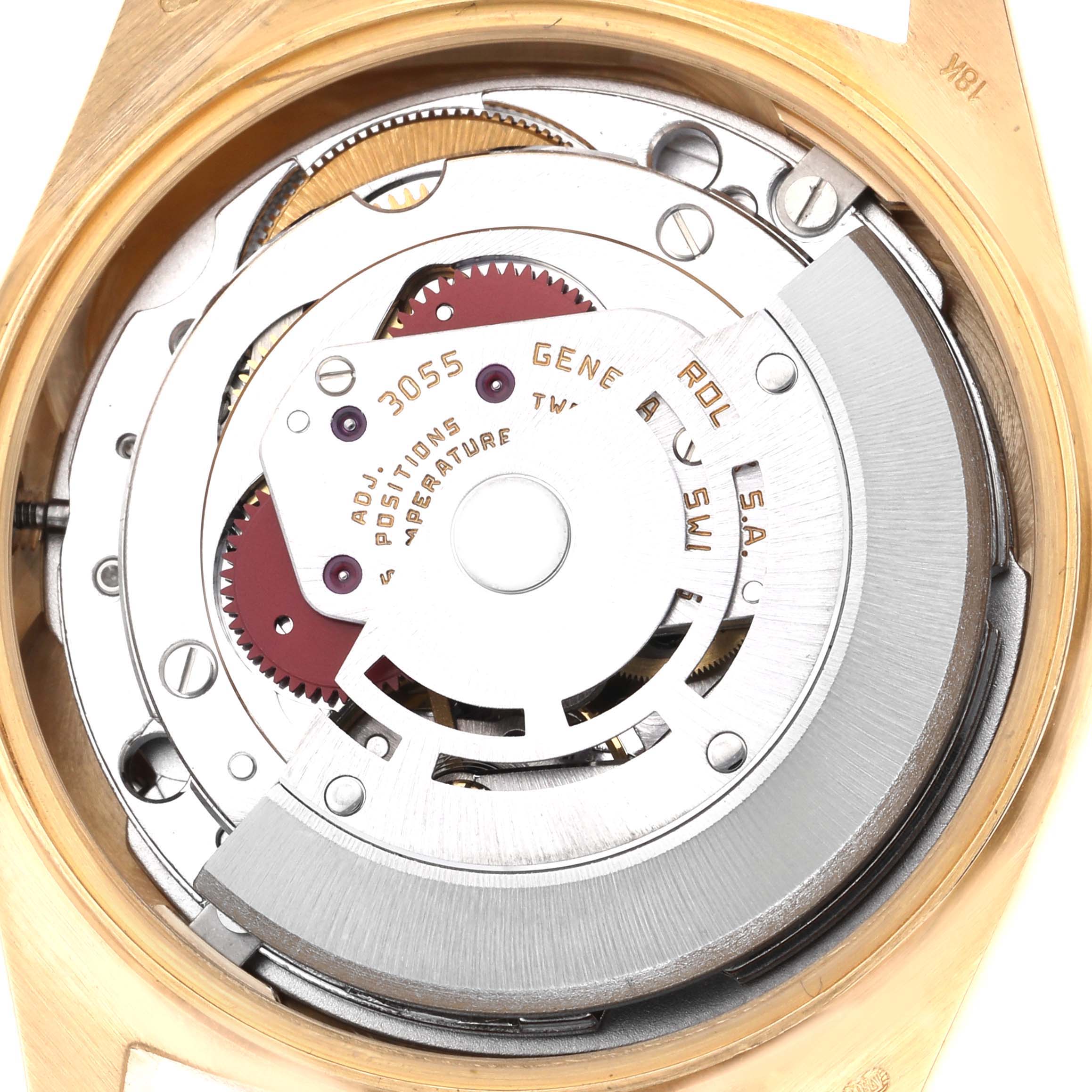 The image shows the movement and internal mechanism of a Rolex President 18038 Men
s Yellow Gold Champagne Dial 18038 Men
s Yellow Gold Champagne Dial model watch from a top-down angle.