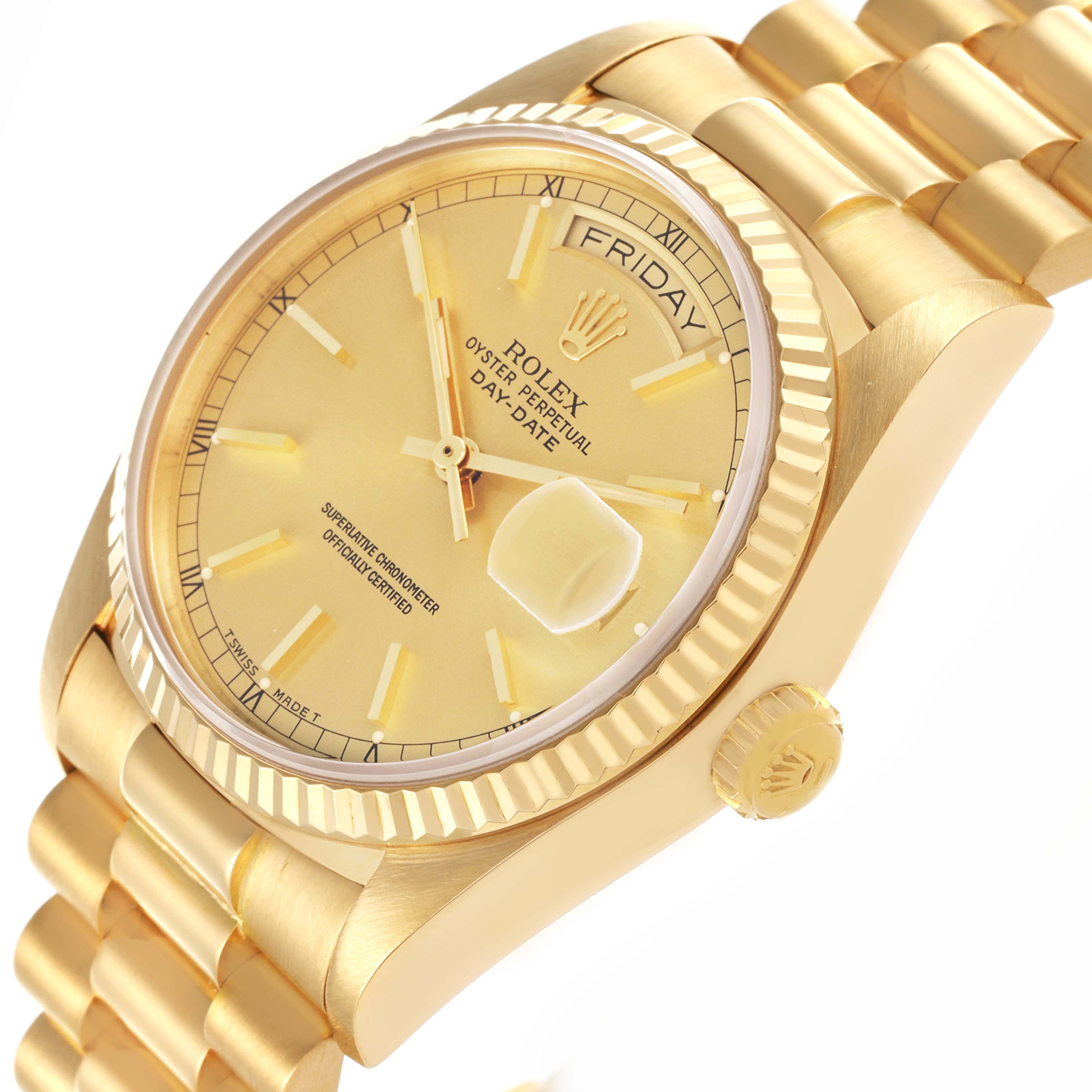 The Rolex President 18038 Men
s Yellow Gold Champagne Dial 18038 Men
s Yellow Gold Champagne Dial model showcases a close-up angle of the dial, bezel, crown, and part of the bracelet.