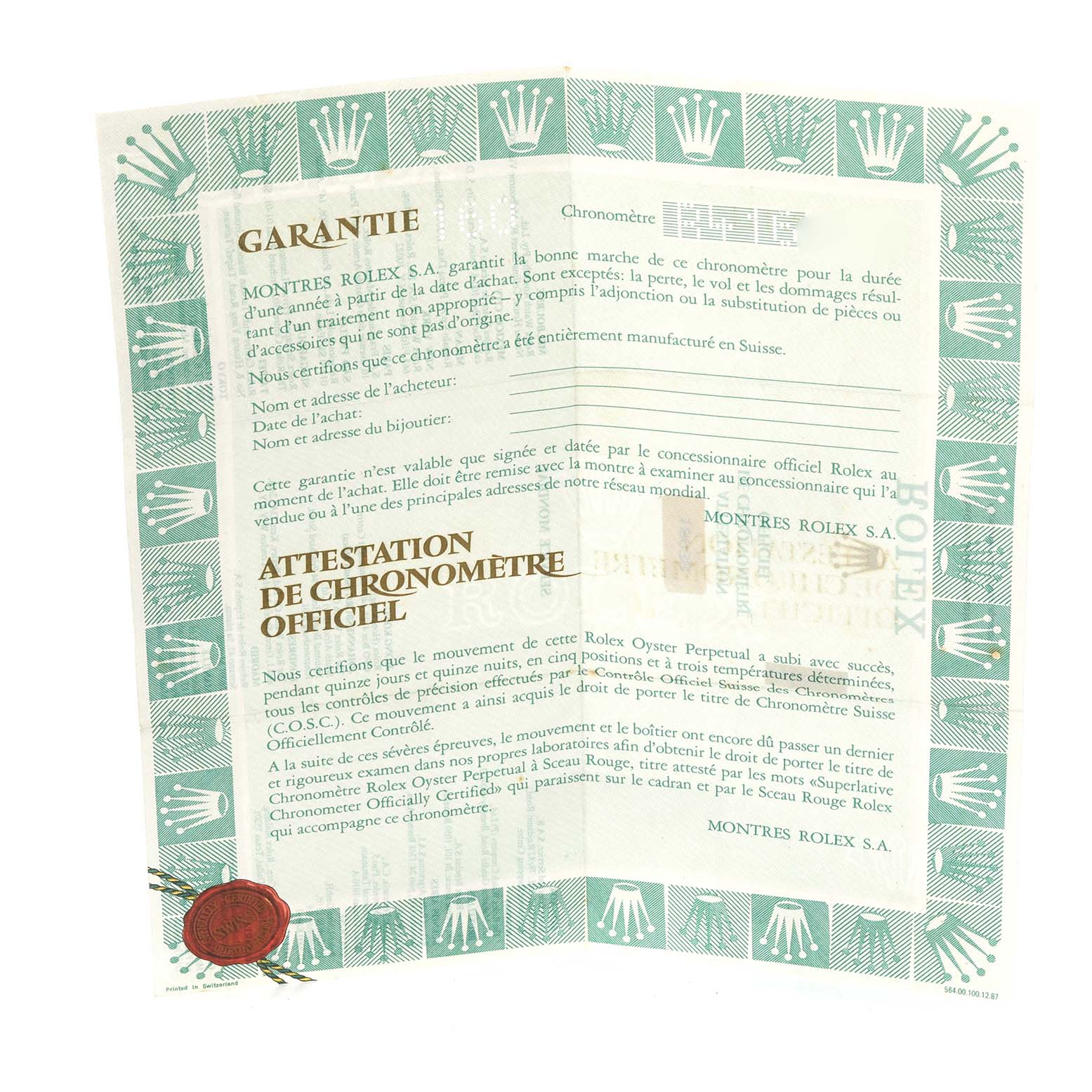 The image shows a warranty certificate for the Rolex President 18038 Men
s Yellow Gold Champagne Dial 18038 Men
s Yellow Gold Champagne Dial model, not the watch itself.