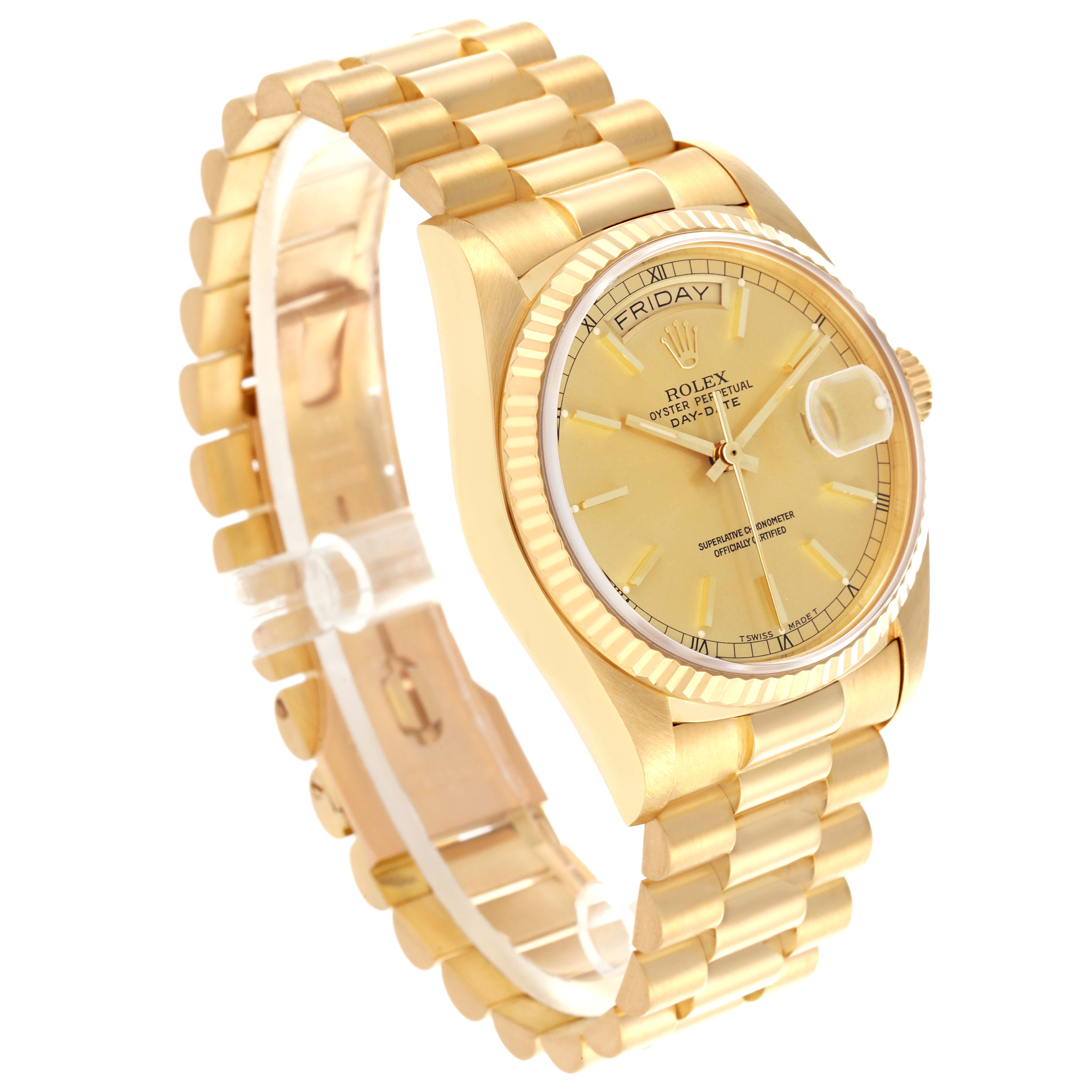 The Rolex President 18038 Men
s Yellow Gold Champagne Dial 18038 Men
s Yellow Gold Champagne Dial model is shown at a three-quarter view, displaying the face, bezel, and bracelet.