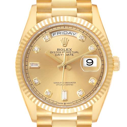 The Rolex President 128238 Men's Yellow Gold Champagne Dial model is shown from a front view, highlighting the dial, day, date, and bracelet.