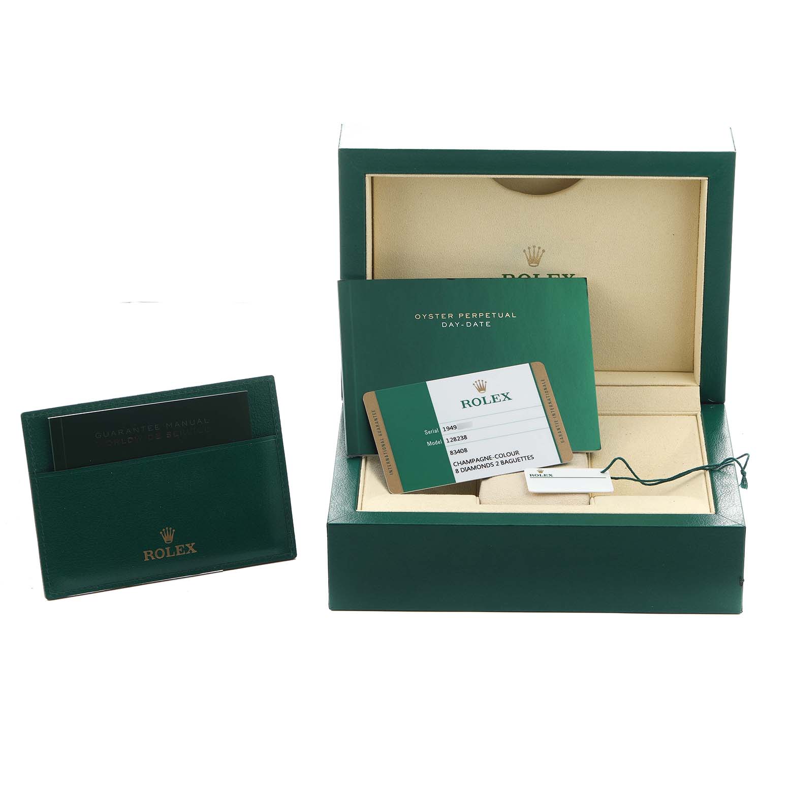 The image shows a Rolex President 128238 Men's Yellow Gold Champagne Dial watch box, warranty card, booklet, and tags, viewed from the front.