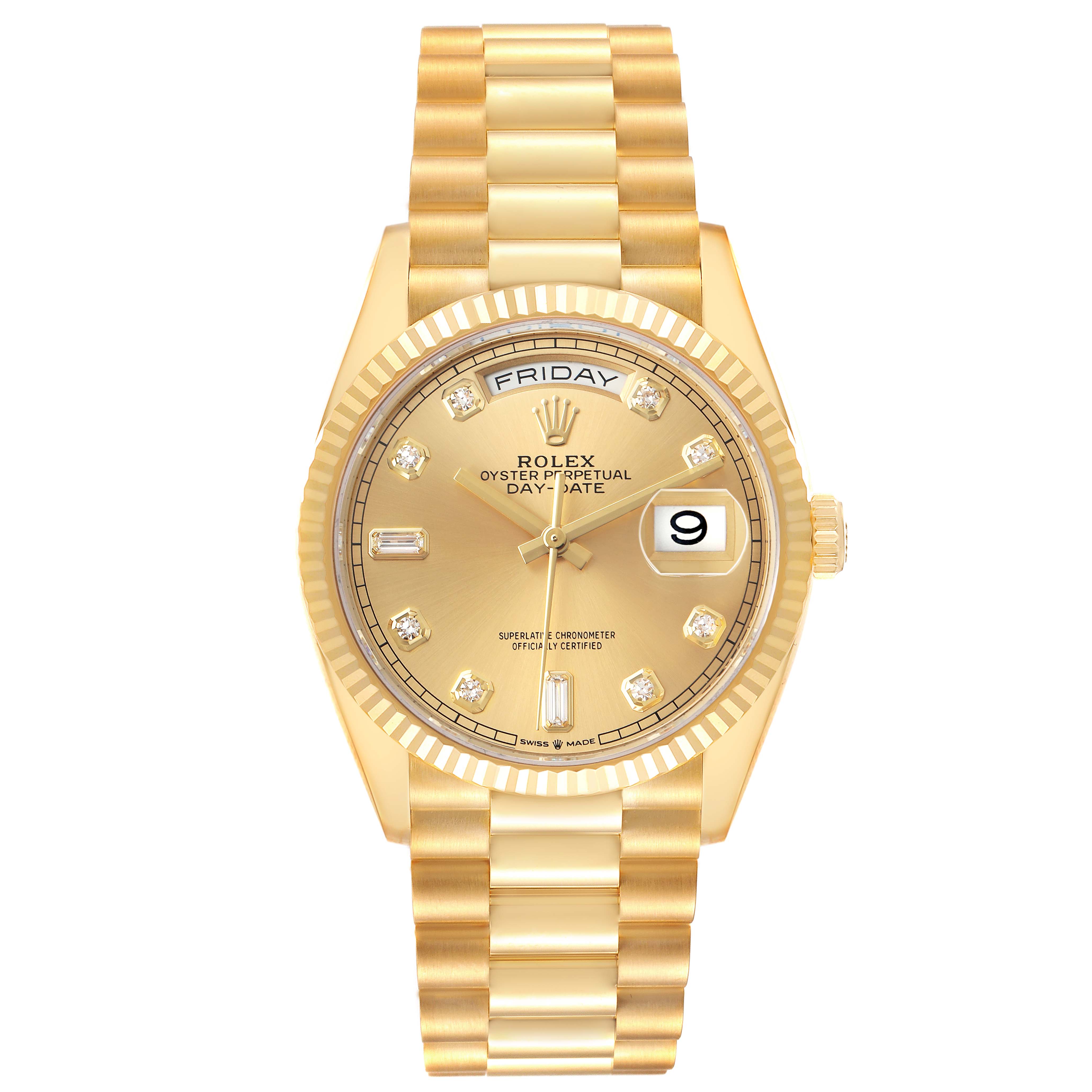 The Rolex President 128238 Men's Yellow Gold Champagne Dial model is shown from a front angle, displaying its gold dial, day-date feature, and gold bracelet.