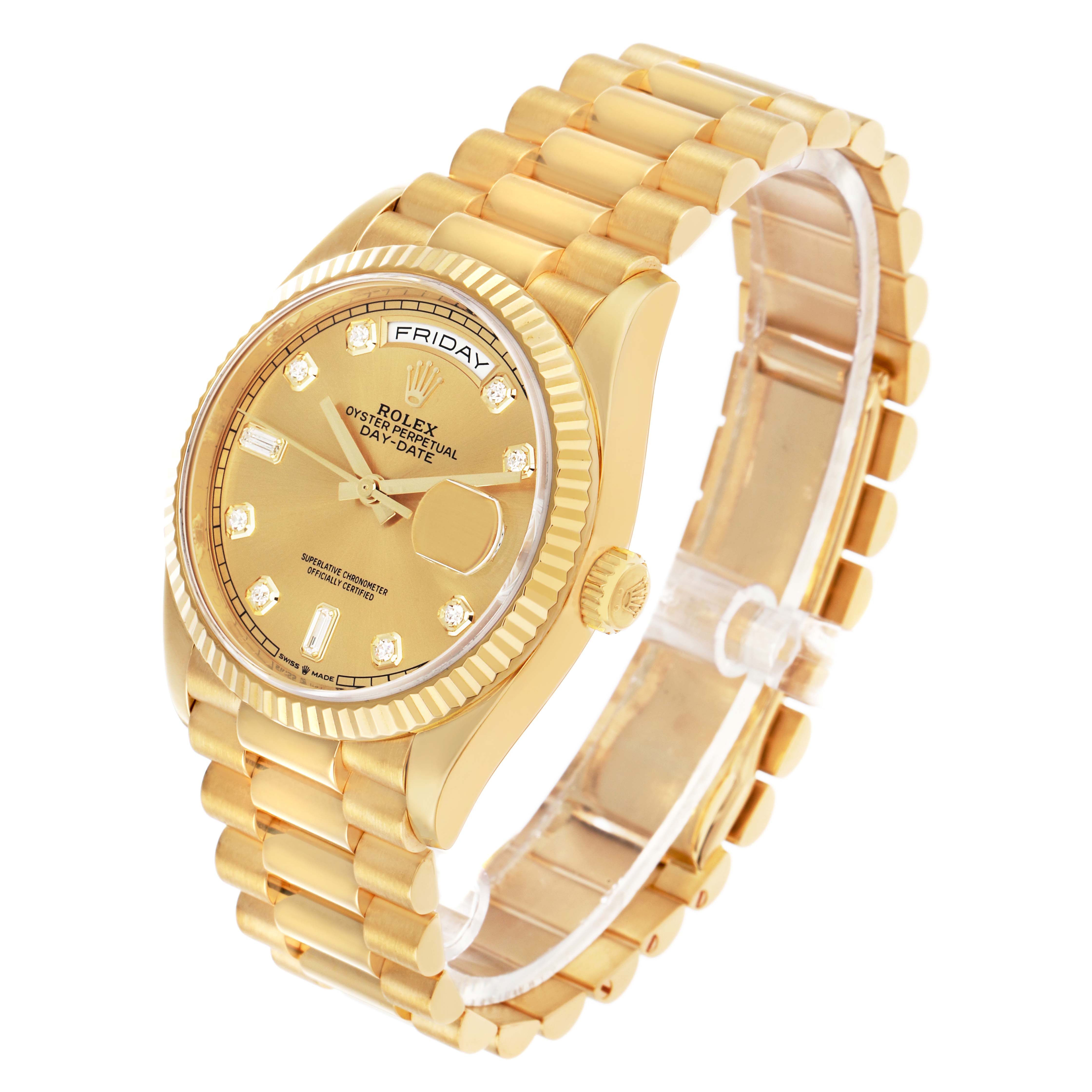 The Rolex President 128238 Men's Yellow Gold Champagne Dial model is shown at a three-quarter angle, displaying the face, bezel, and bracelet.