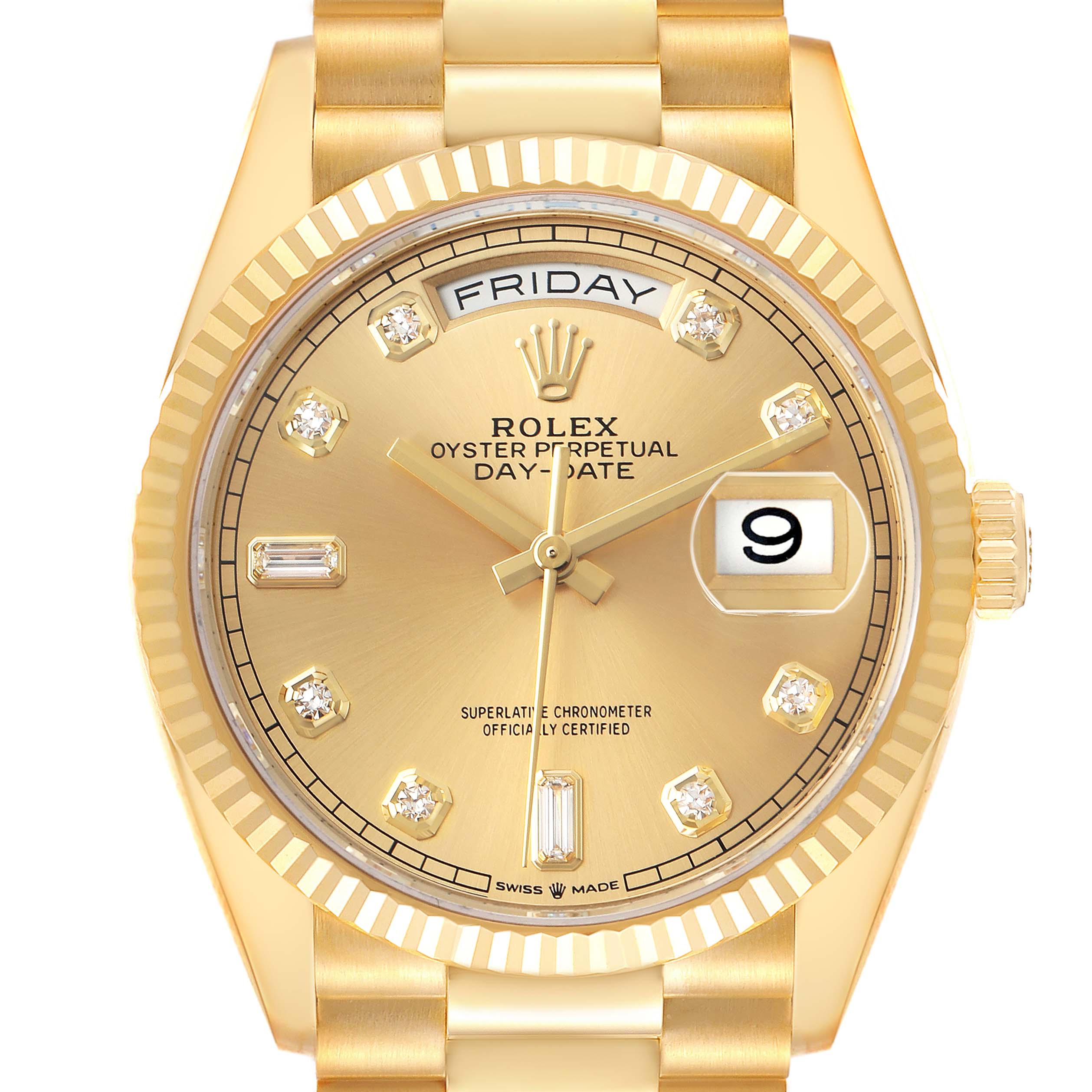 The Rolex President 128238 Men's Yellow Gold Champagne Dial watch is shown from a front angle, displaying the dial, bezel, and bracelet.