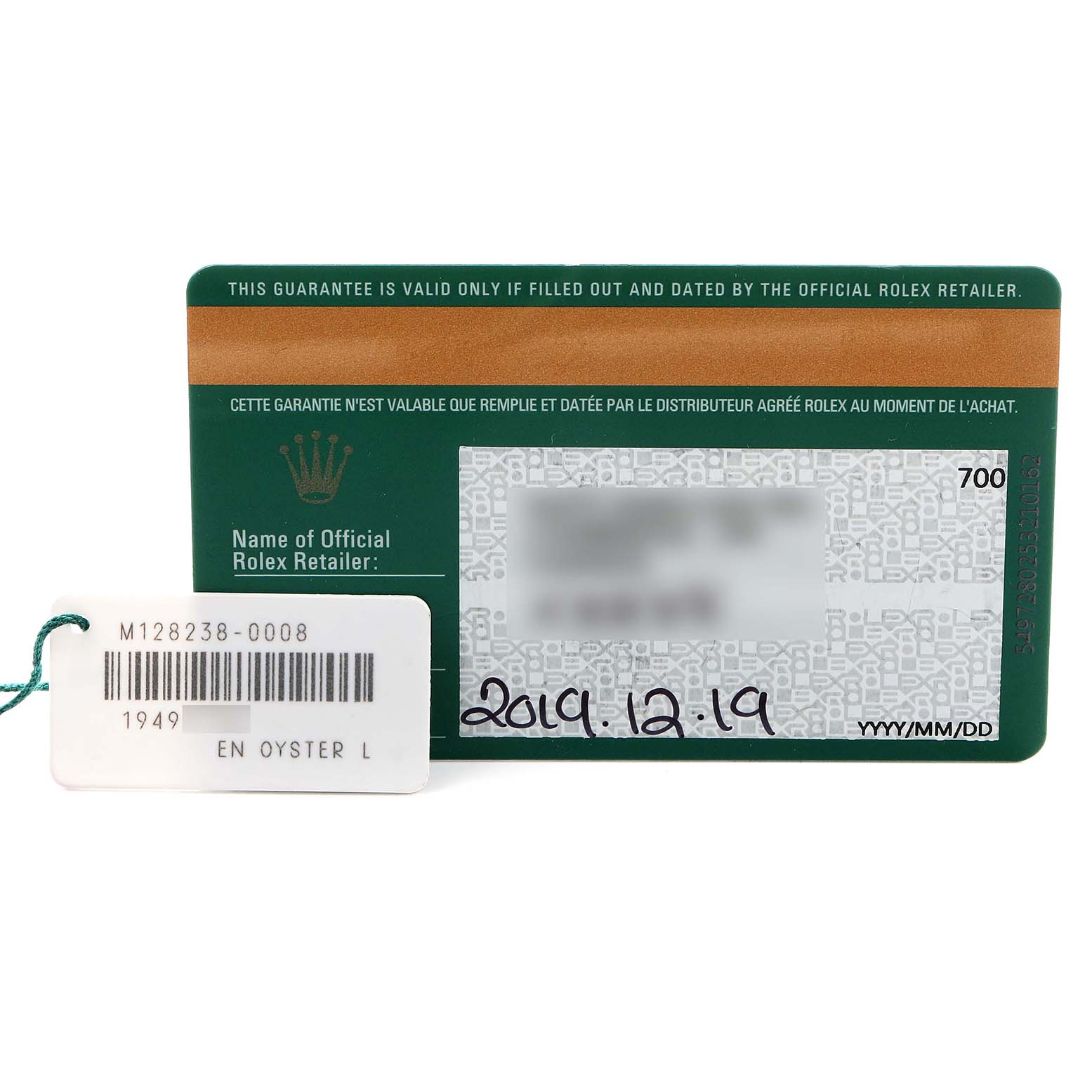 The image displays the warranty card and tag for a Rolex President 128238 Men's Yellow Gold Champagne Dial model.