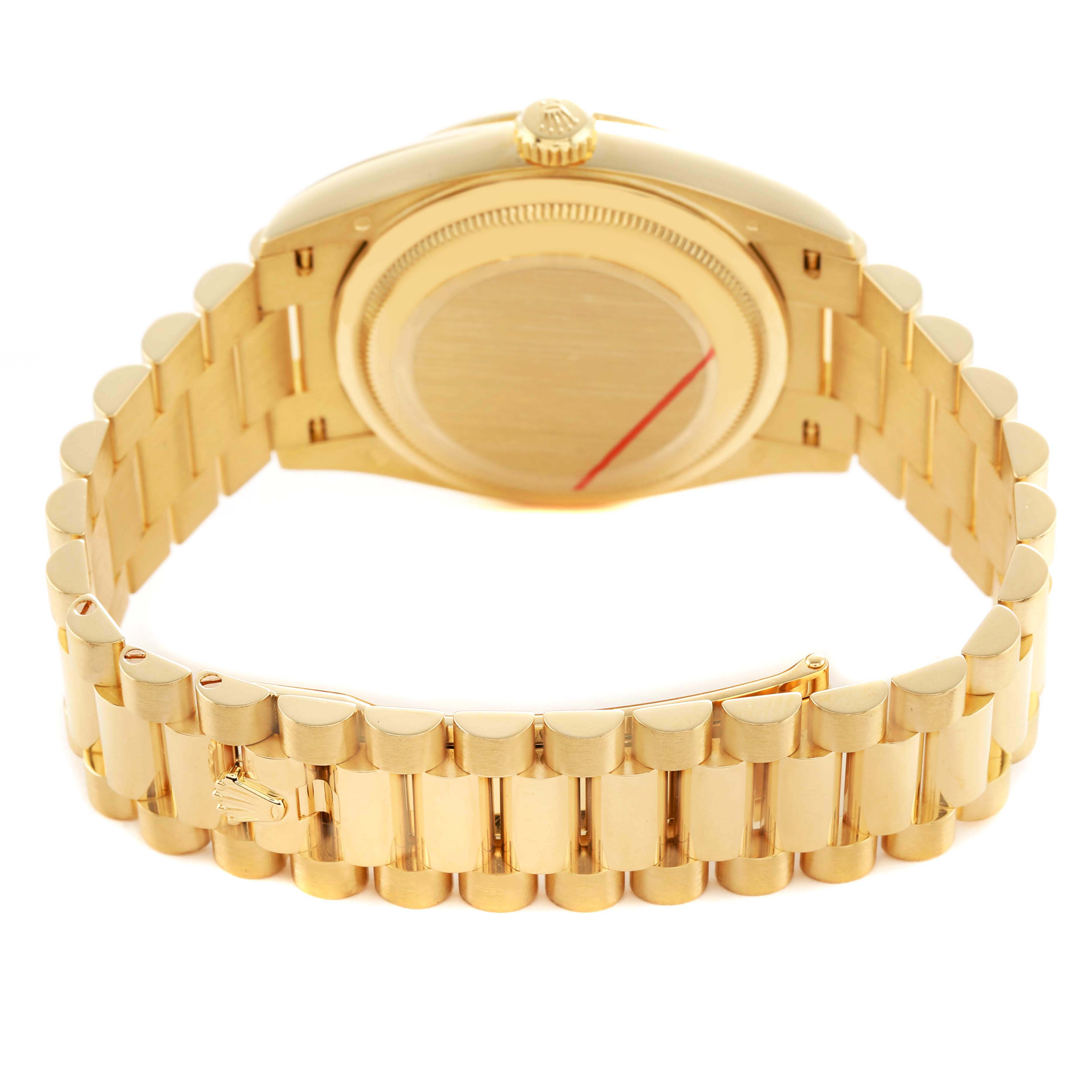 The image shows the back view of a Rolex President 128238 Men's Yellow Gold Champagne Dial model, highlighting the case back and gold bracelet with a clasp.