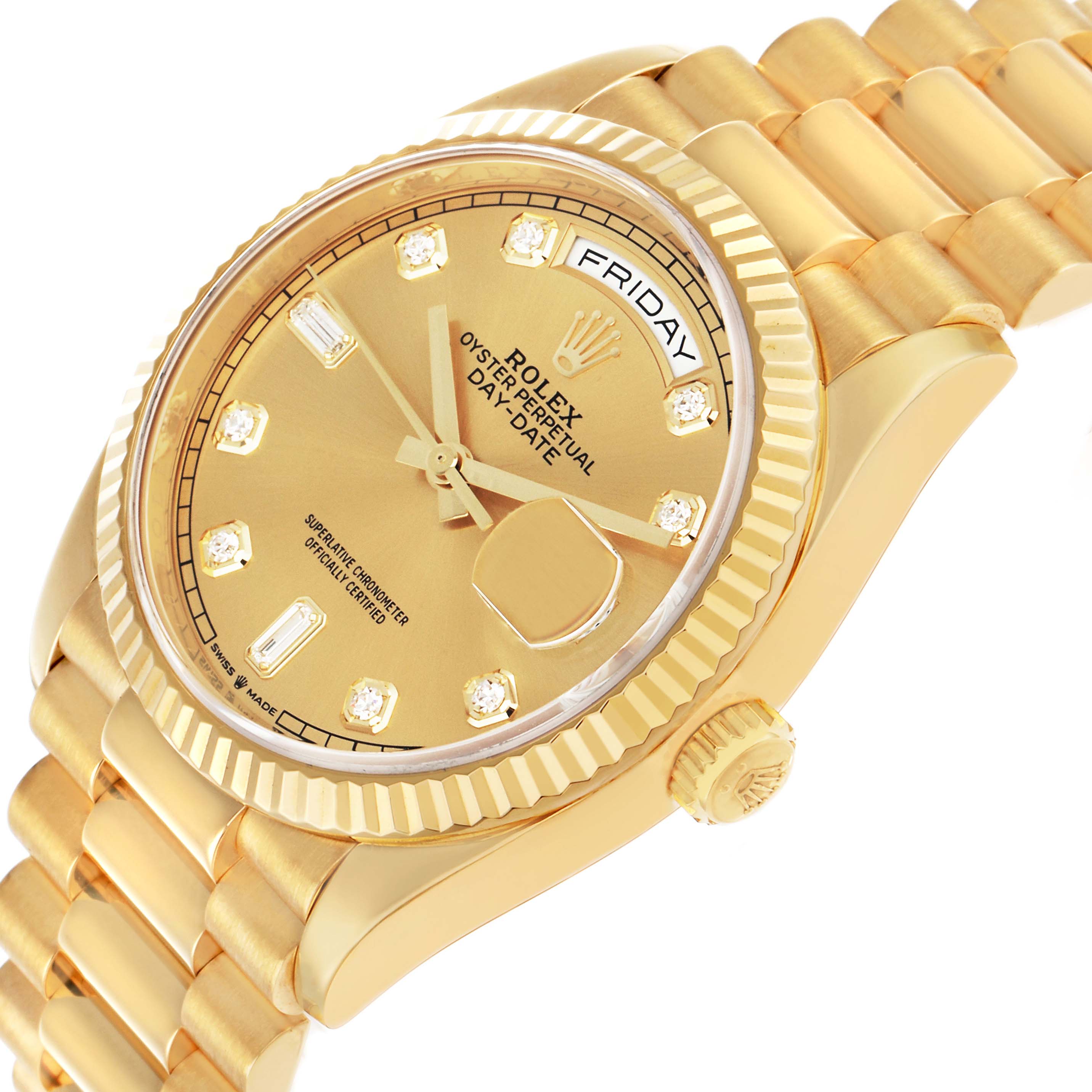 The image shows a Rolex President 128238 Men's Yellow Gold Champagne Dial model watch from a three-quarter angle, highlighting the gold case, bezel, bracelet, and diamond markers.