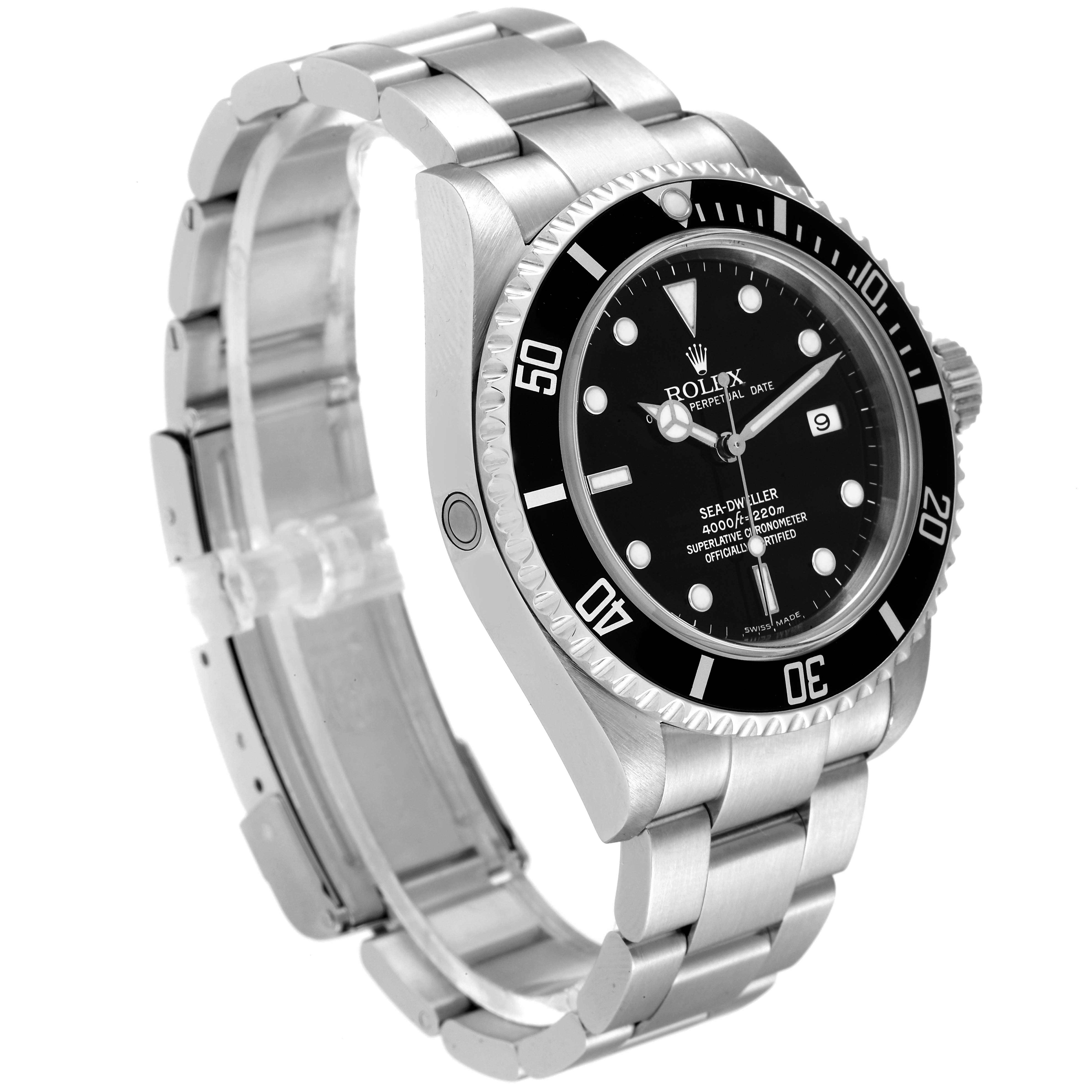 The image shows a side angle of the Rolex Sea-Dweller 16600T Men's Stainless Steel Black Dial 16600T Men's Stainless Steel Black Dial watch, highlighting its bracelet, bezel, and dial.