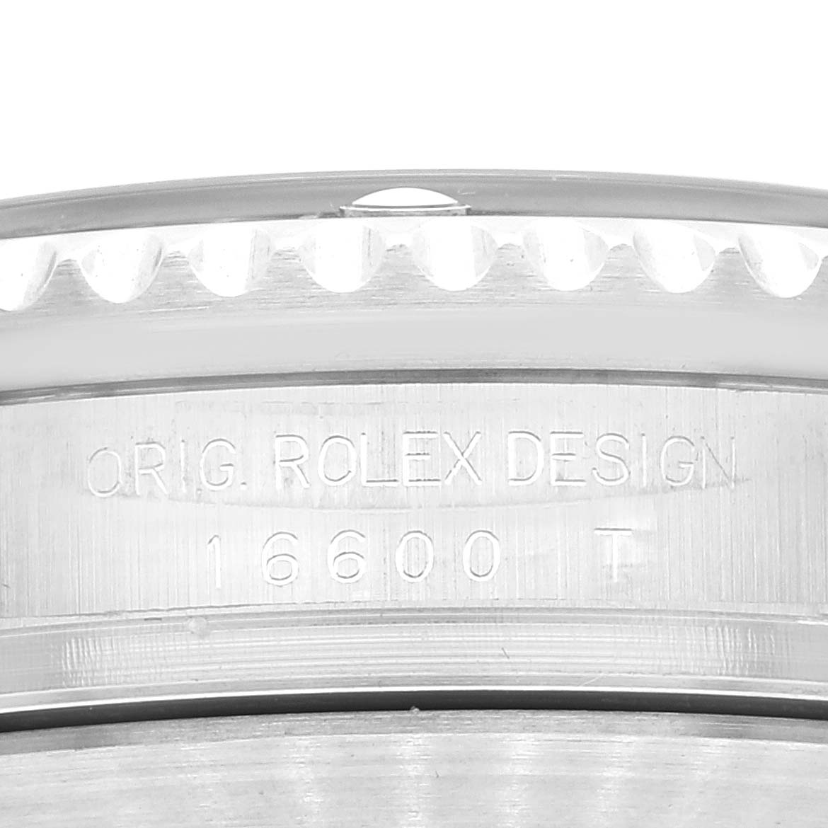 This close-up image shows the case side of a Rolex Sea-Dweller 16600T Men's Stainless Steel Black Dial 16600T Men's Stainless Steel Black Dial, highlighting the model number "16600" and "ORIG. ROLEX DESIGN" engraving.